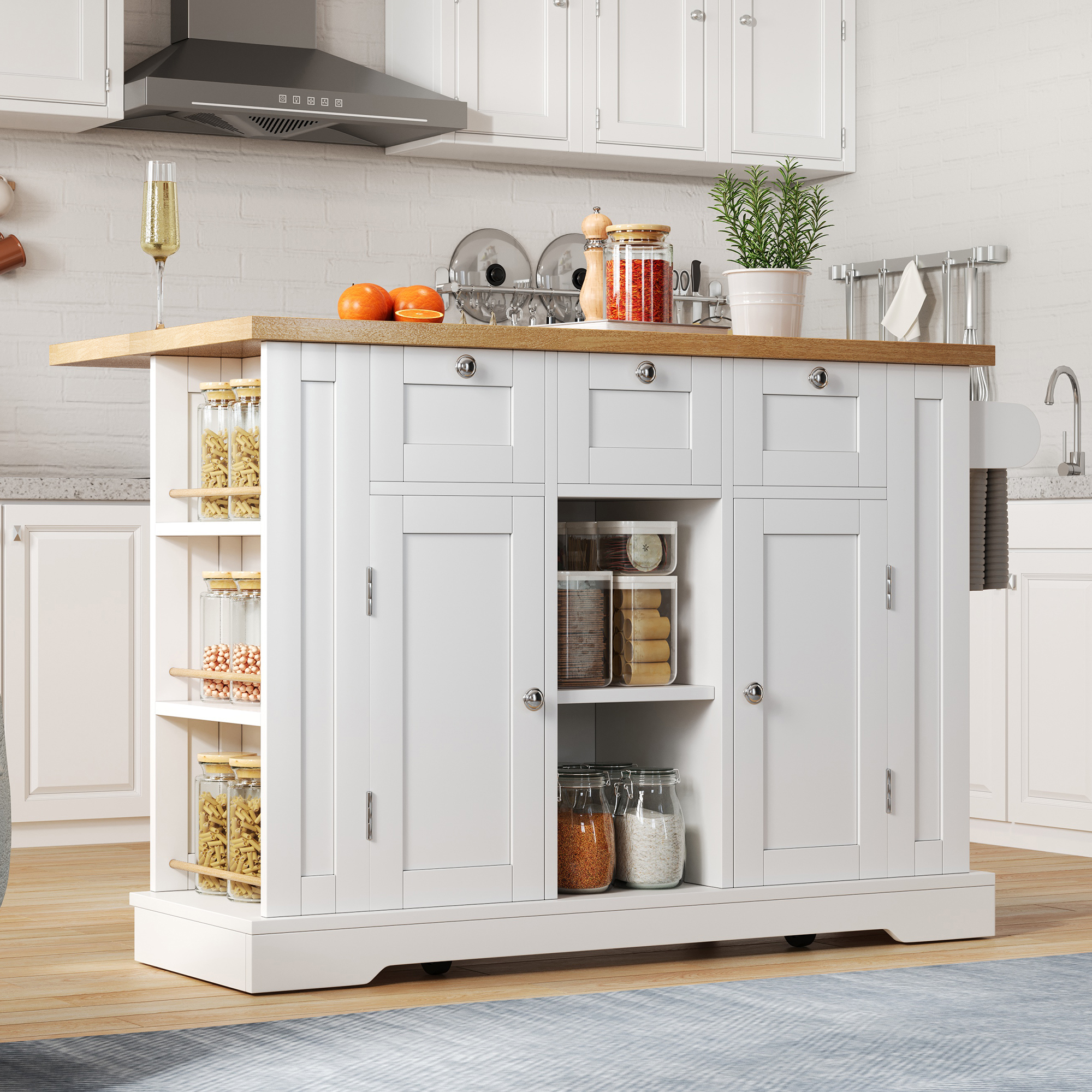 Îlot de Cuisine Mobile 132cm, Style Campagnard, Plan de Travail Pliant