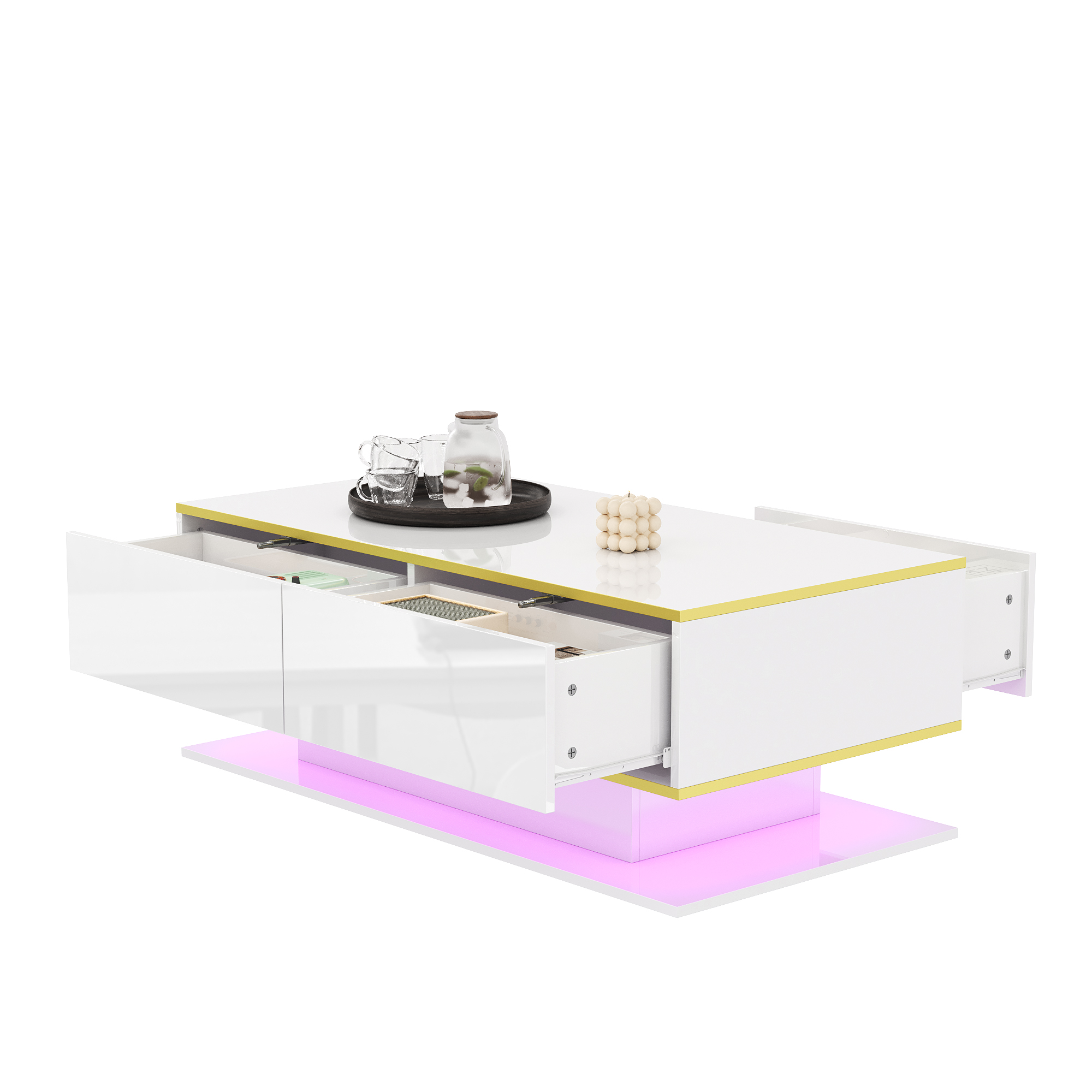 Modern LED Coffee Table With High Gloss, 100 Cm Long, Gold Decoration, 3 Drawers & USB LED Light Strip Adapter Power Bank Required 2