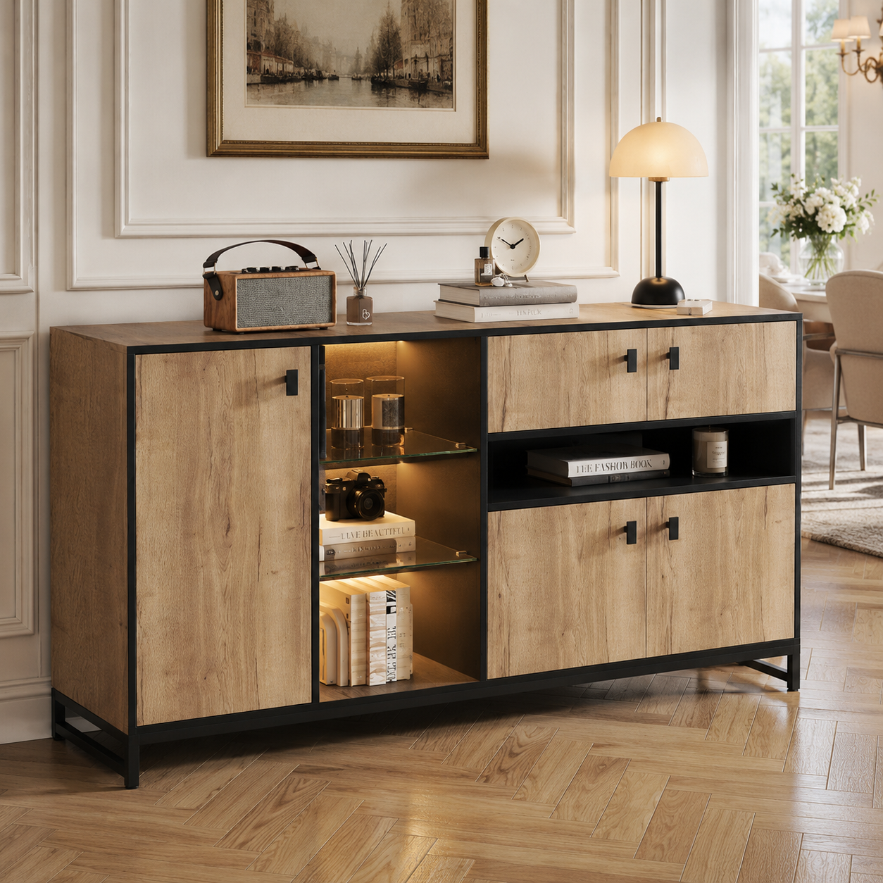 Modern Minimalist Storage Cabinet With Double Doors, Open Shelf, Glass Shelves And Adjustable Interior Dividers  Versatile Storage Solution For Living Room, Dining Room And Office.