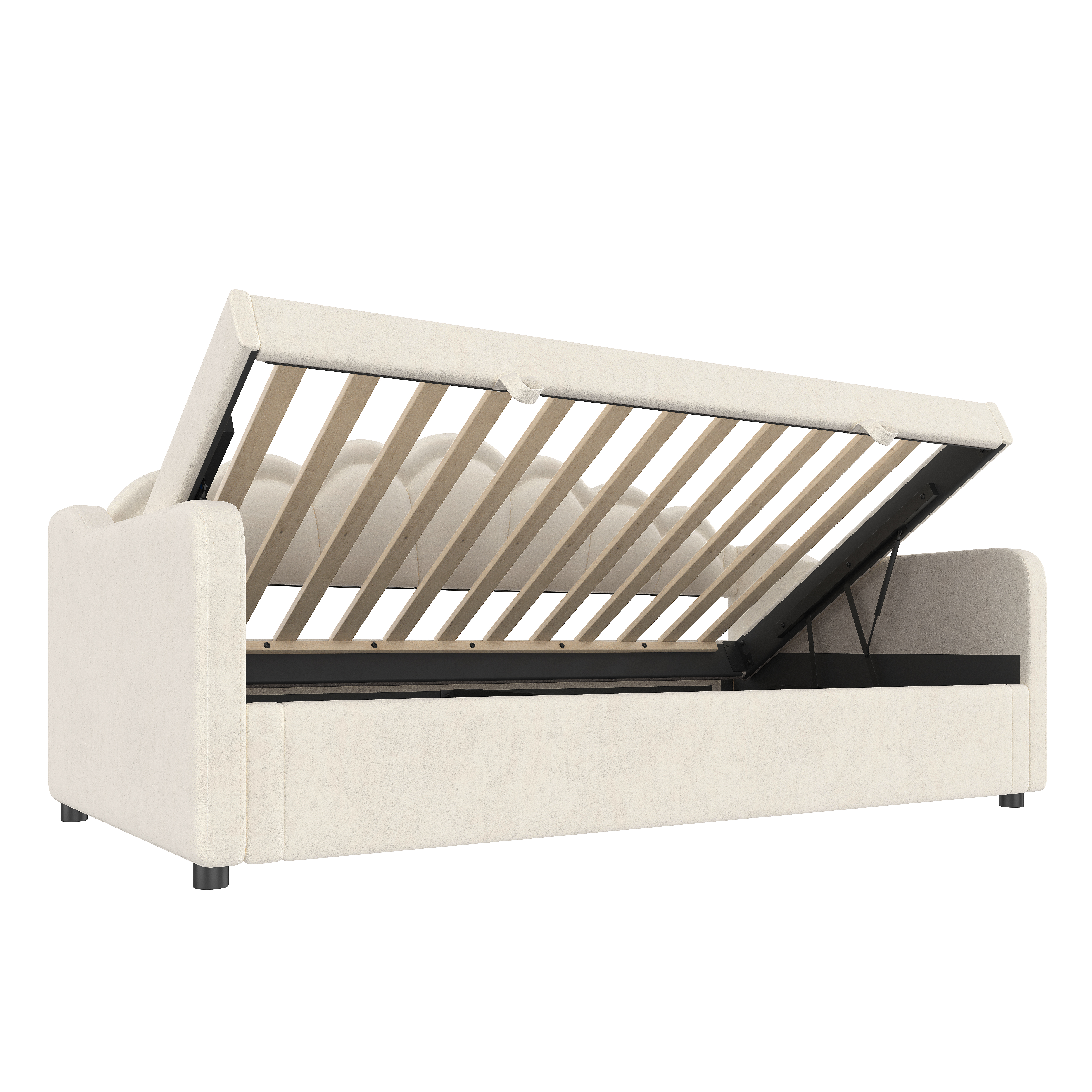 Daybed, Sofa Bed, Hydraulic Bed, With Storage Space, Single Bed Without Mattress , Velvet, Color Changeable LED Strip, 90x200cm, Beige