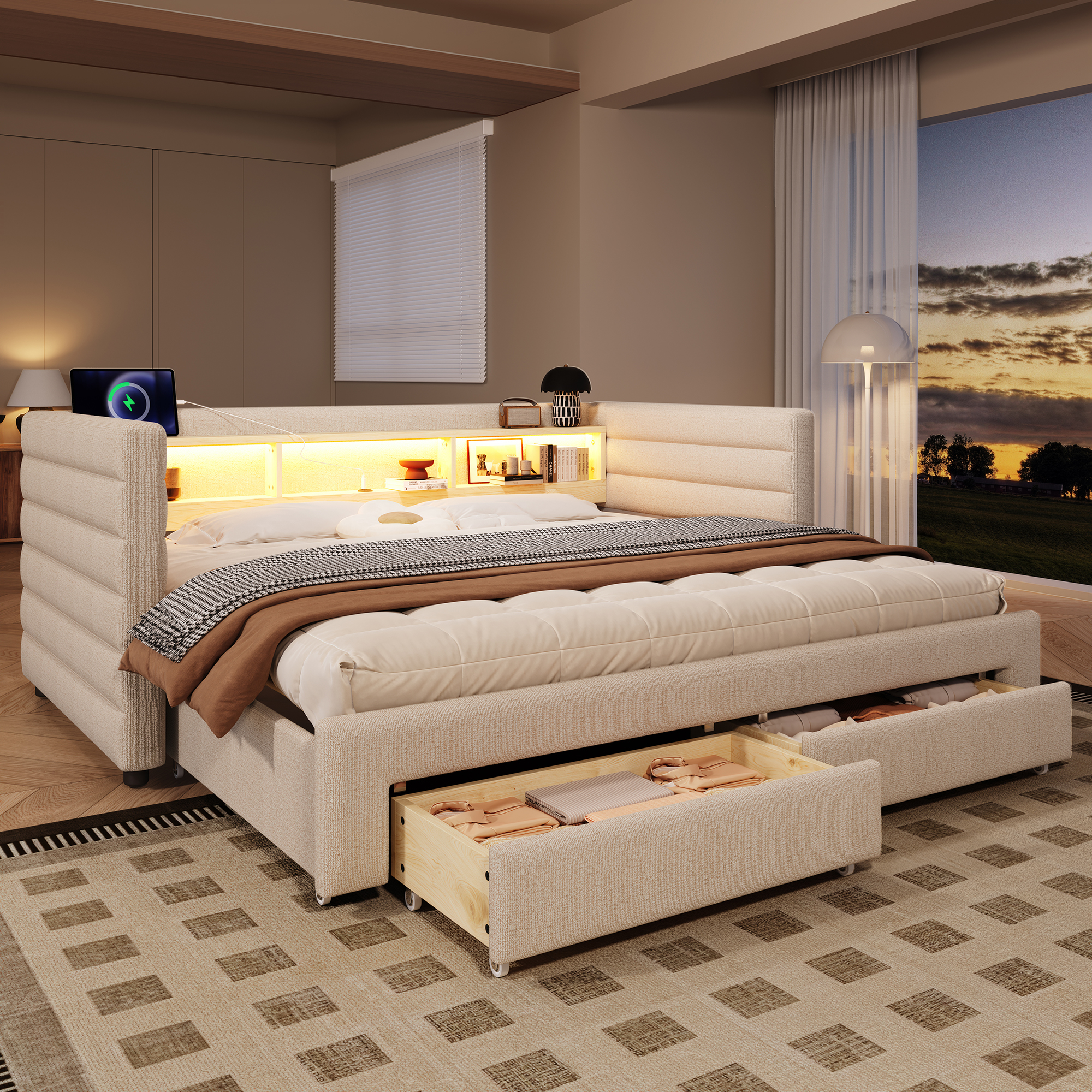 Daybed, Daybed, Sofa Bed, 90 X190 Cm, Multifunctional Trundle Bed Design, USB  Type-C Ports, With Two Drawers, Multiple Storage Compartments, LED Light Strip, Without Mattress, Velvet, Beige