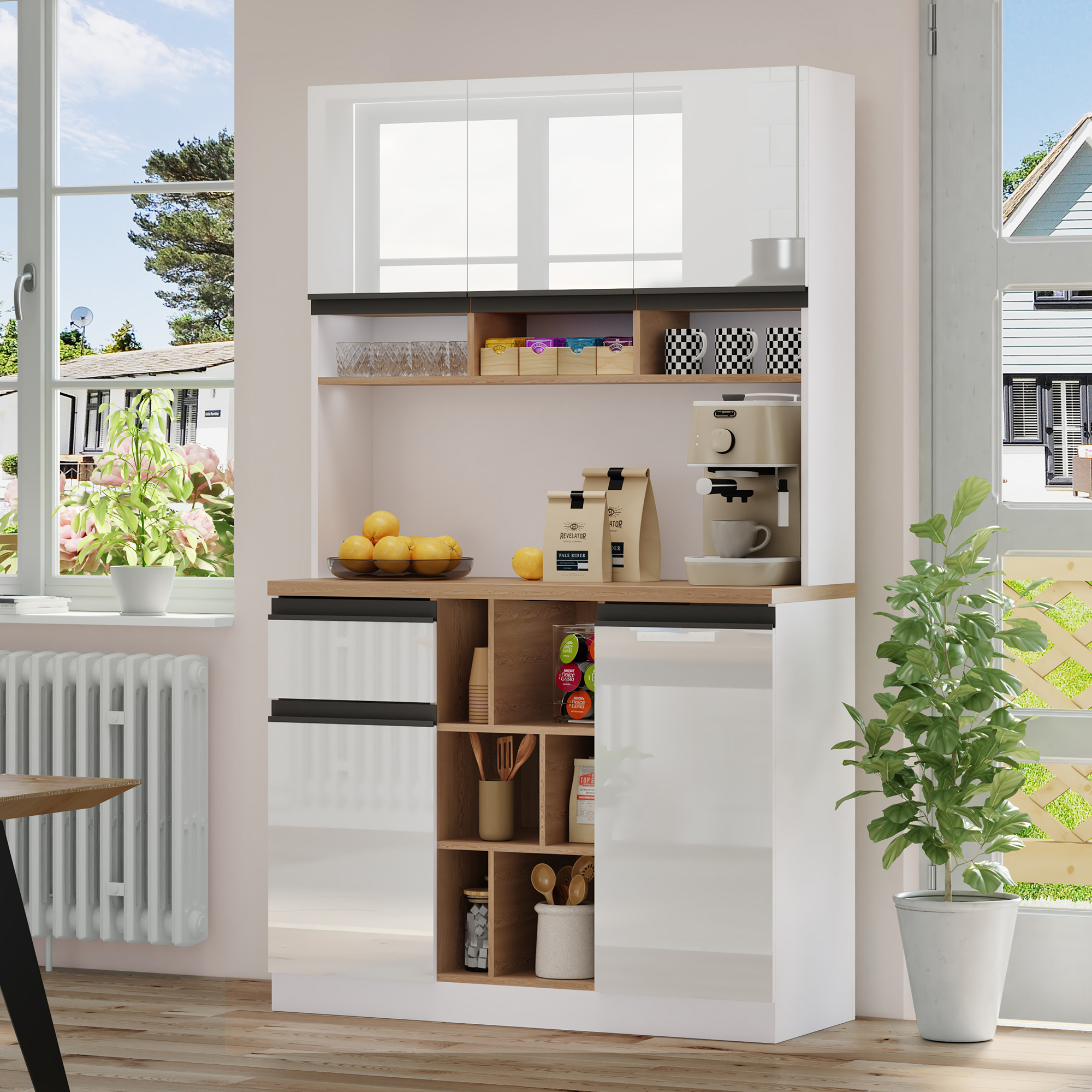 105x45x185cm, White Modern Kitchen Cabinet, Buffet, Sideboard, High Gloss Doors, Metal Handles, Adjustable Shelves, Drawers, Open Storage, Anti-Tilt, Suitable For Kitchen, Dining Room And Living Room