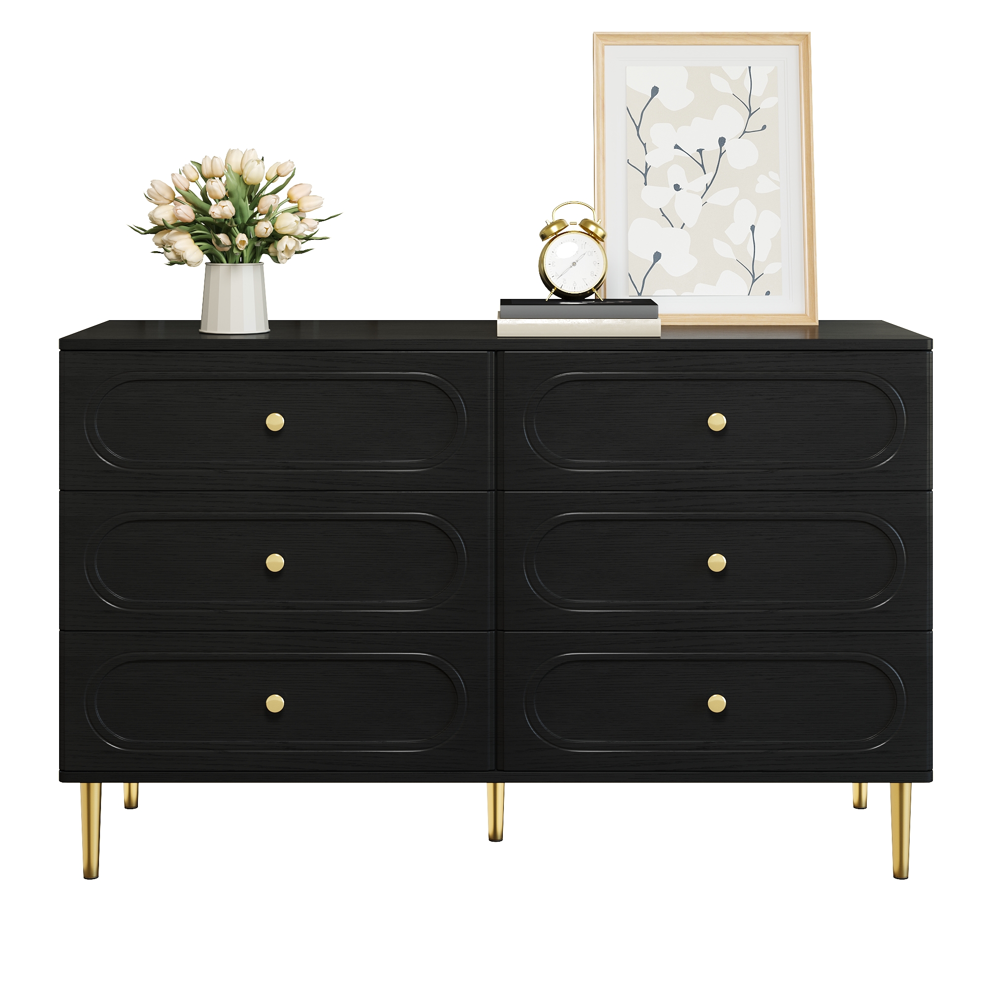 Sideboard, Chest Of Drawers With 6 Drawers, Oval Recesses, Metal Feet, Modern Storage Cabinet For The Living Room