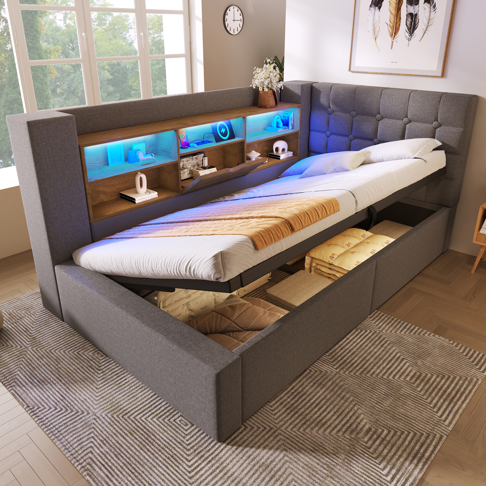 Upholstered Bed 90x190 Cm Single Bed With LED Lighting, Hydraulic Storage, L-shaped Headboard With Storage, Can Be Mounted On Both Sides, Slatted Base, Linen Fabric, Grey  Without Mattress