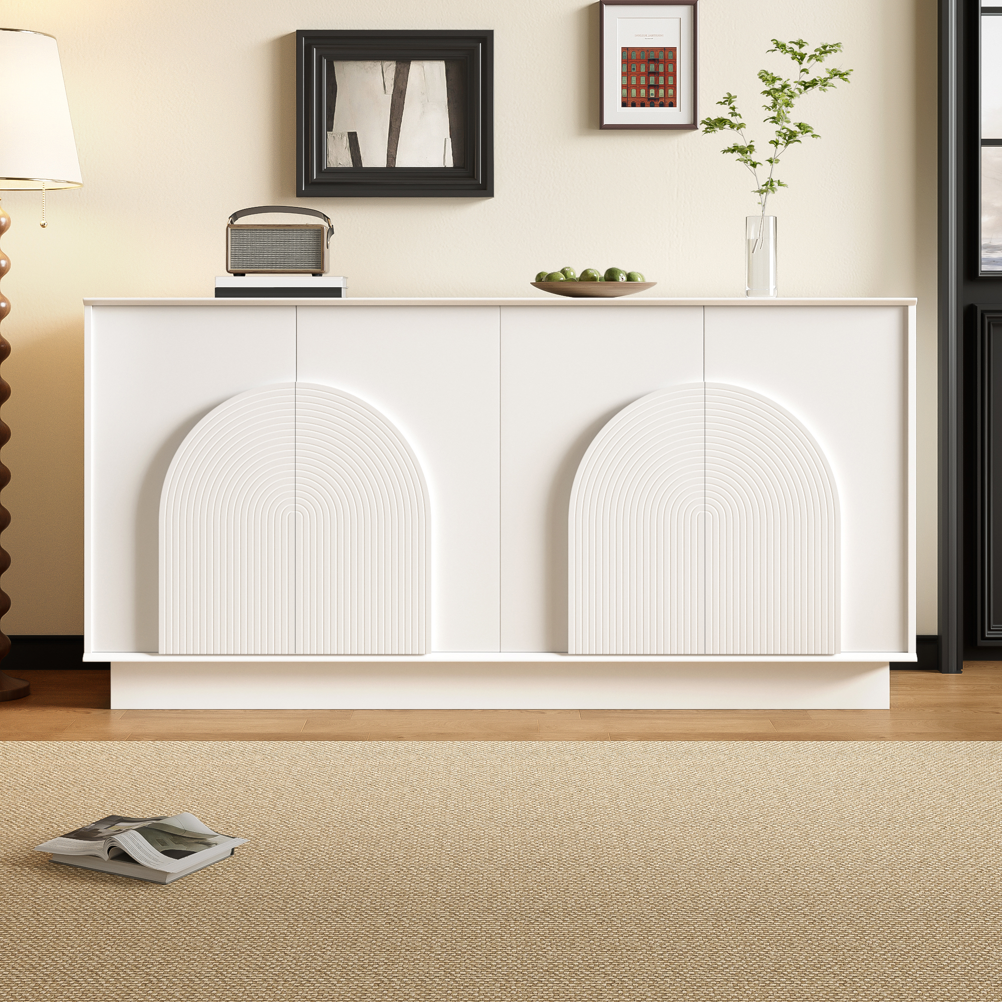 Modern White Sideboard With Arched Doors  4-door Storage Cabinet For Living Room & Dining Room, MDF Construction With Matt Finish, 160 Cm. OLD SKU GL3189W