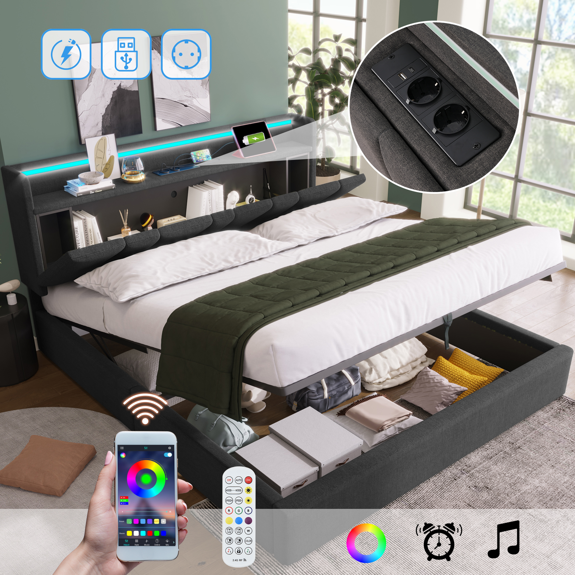 Upholstered Bed Double Bed With Charging USB Charging Function Storage Headboard And LED Lighting, Double Bed 140x200cm Storage Beds Bed Frame, Wooden Slatted Base, Grey  Without Mattress