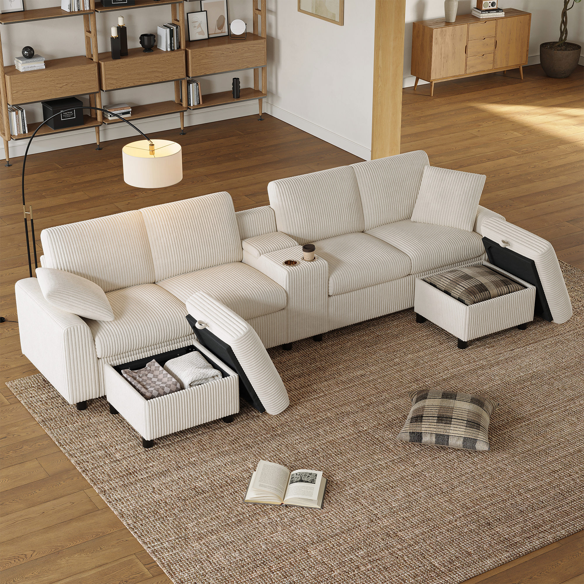 U-shaped Sofa Made Of Corduroy, Including 2 Footstools With Storage Function, Coffee Table, 2 Cup Holders, 1 USB Port, 2 Sockets And 2 Type-C Ports Beige   W315xH81xD135cm