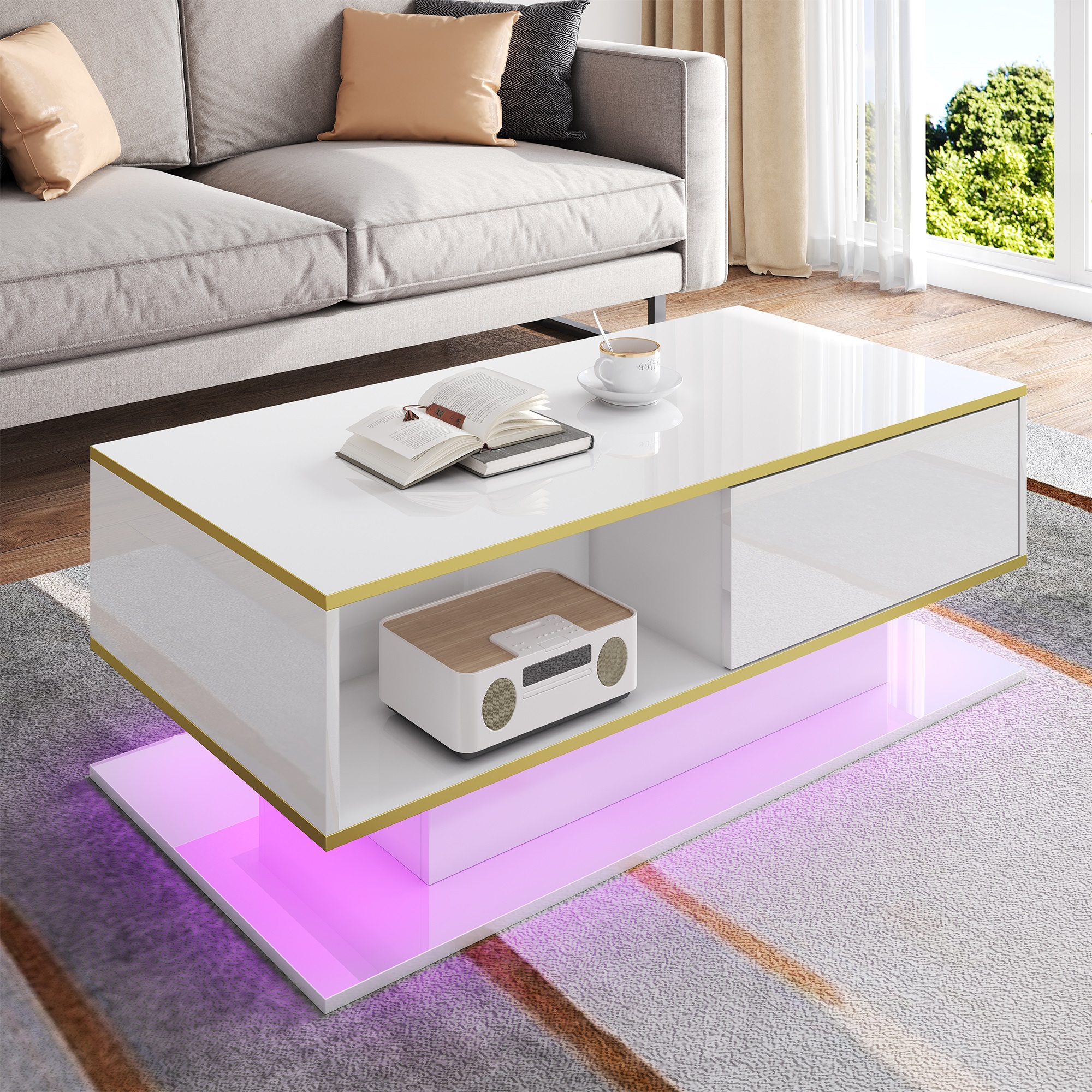 Modern LED Coffee Table With High Gloss, 100 Cm Long, Gold Decoration, 3 Drawers & USB LED Light Strip Adapter Power Bank Required