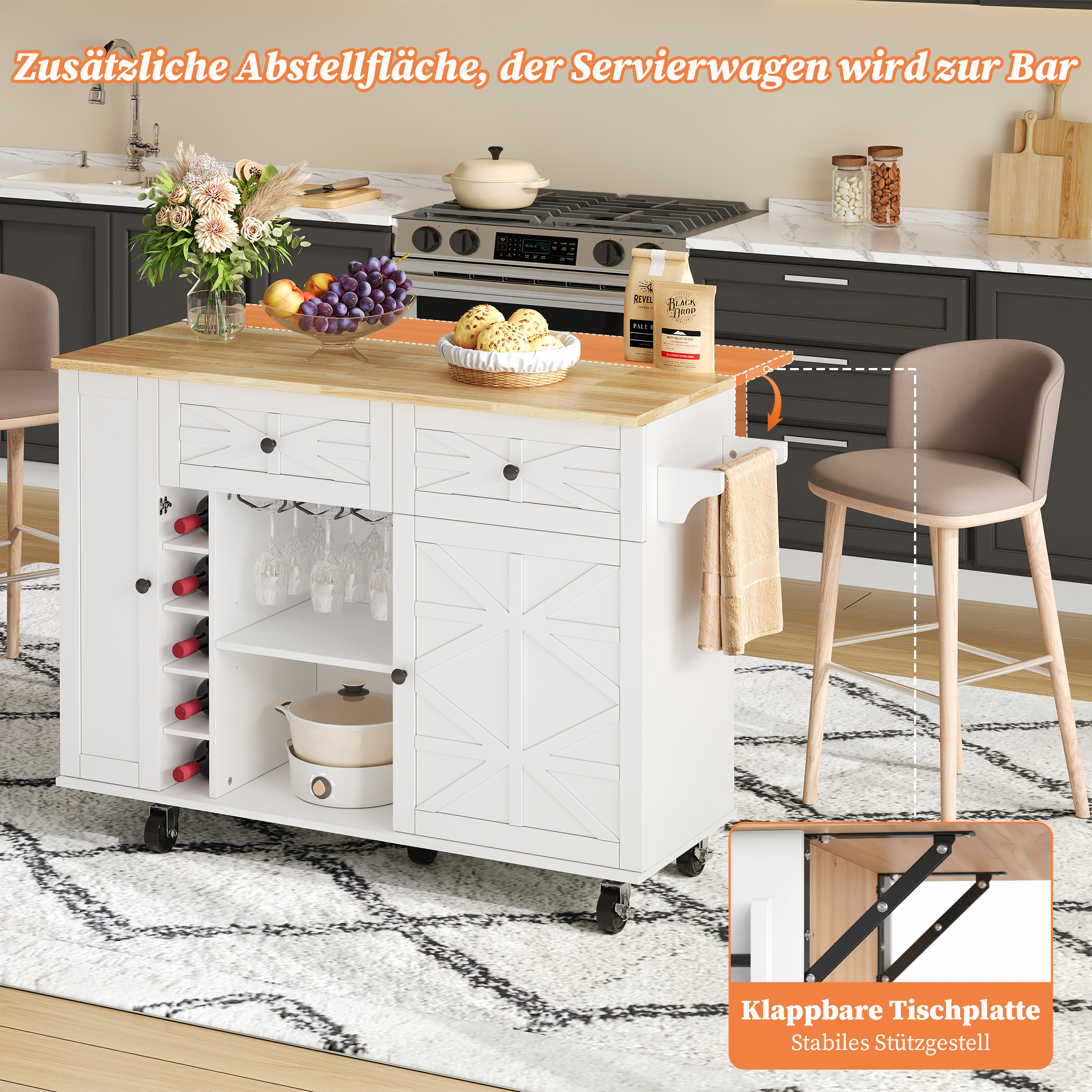 Kitchen Island With Folding Worktop, Equipped With 5 Locking Castors, Door Shelf, Wine Rack And Glass Holder, White, 120 X 45 X 89 Cm 4