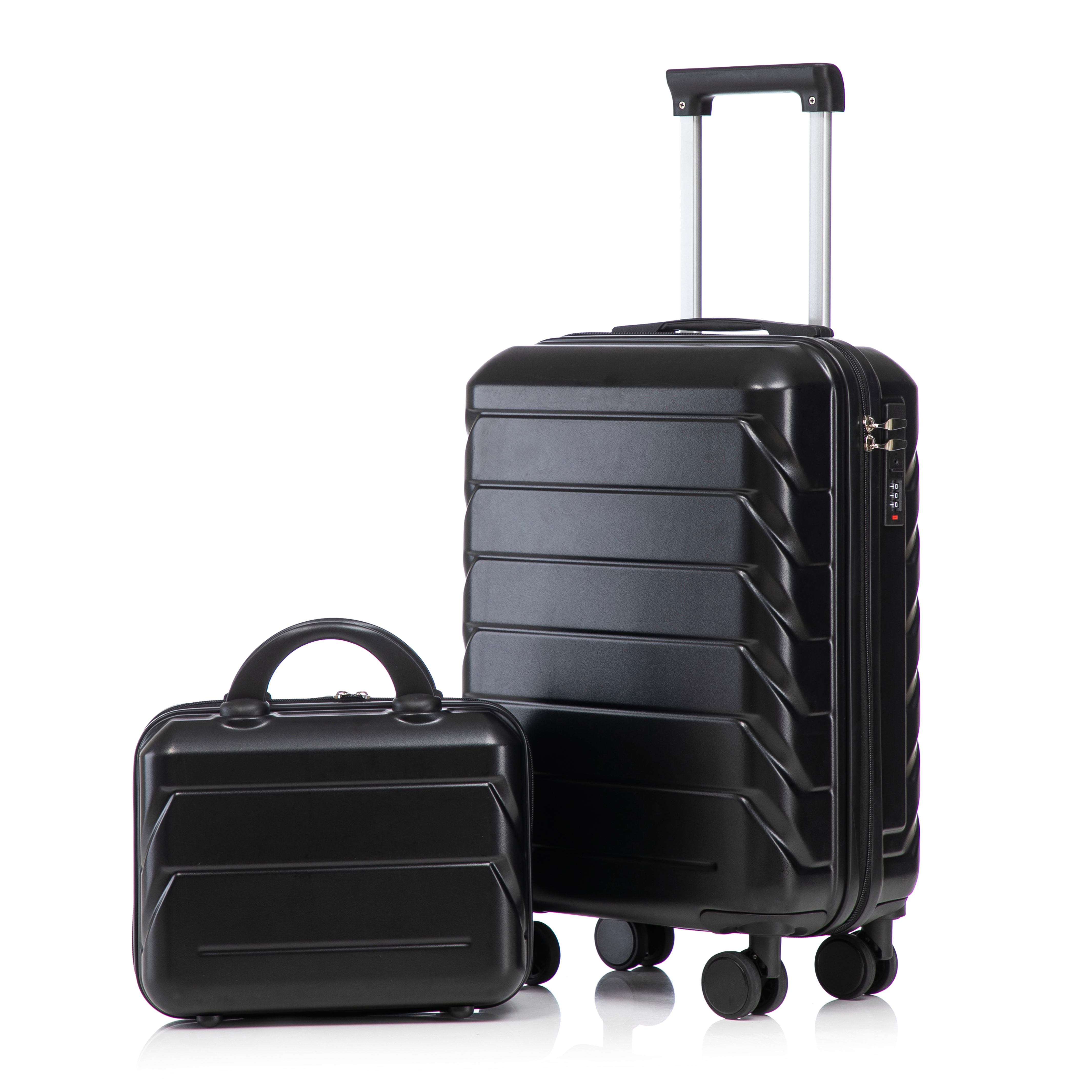 14IN-19IN 2-Piece ABS Spinner Case Set With Combination Lock & 14IN Cosmetic Bag  Black