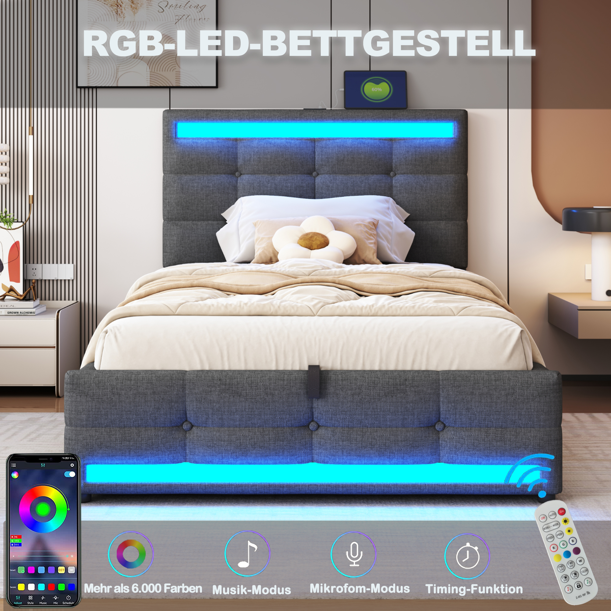 Upholstered Bed 90x200 Hydraulic Storage Crib With USB And Color Changing LED Light Strip, Gray Linen Single Bed 3