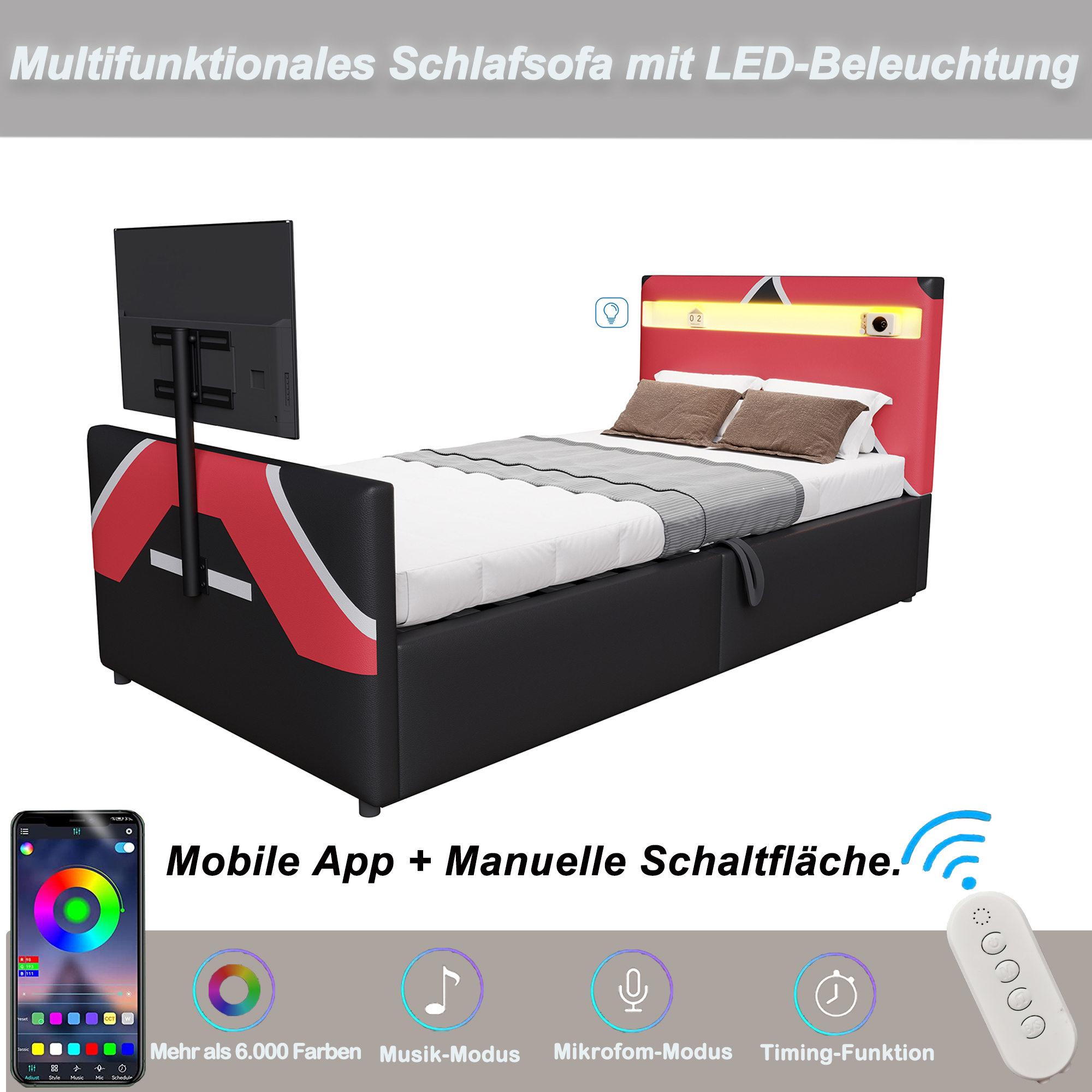 Kinderbett 90x200 Im E-Sport-Stil Mit PU-Lederbezug In Farbblockoptik, LED-Beleuchtung Mit Farbwechsel, Hydraulischem Stauraum Und Integrierter TV-Halterung Multifunktionales Gaming Bett