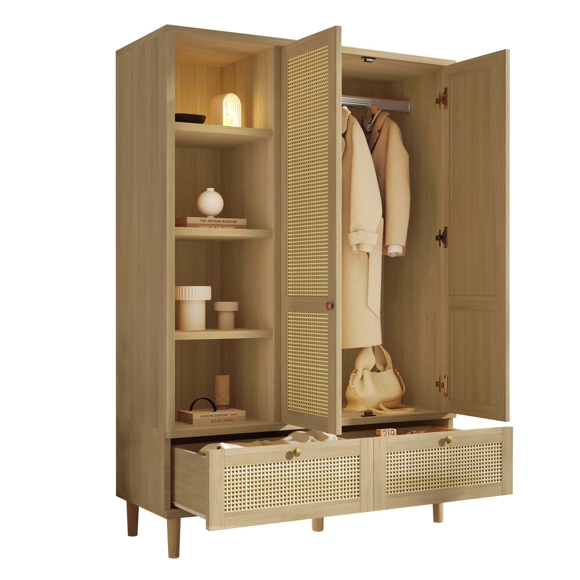 Armoire-penderie avec 2 portes et osier en rotin – Image 4