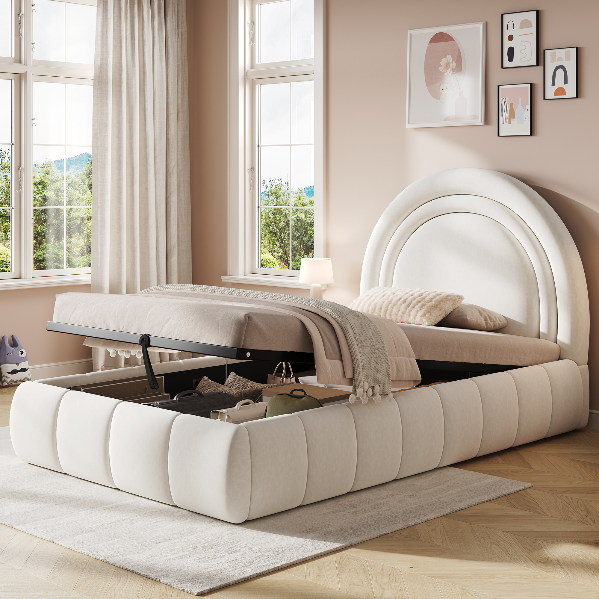 Upholstered Bed, Single Bed, Cot 90 X 200cm, Hydraulic Functional Bed, Bed With Slatted Frame, Headboard And Large Storage Space, Upholstered Headboard, Velvet, Beige