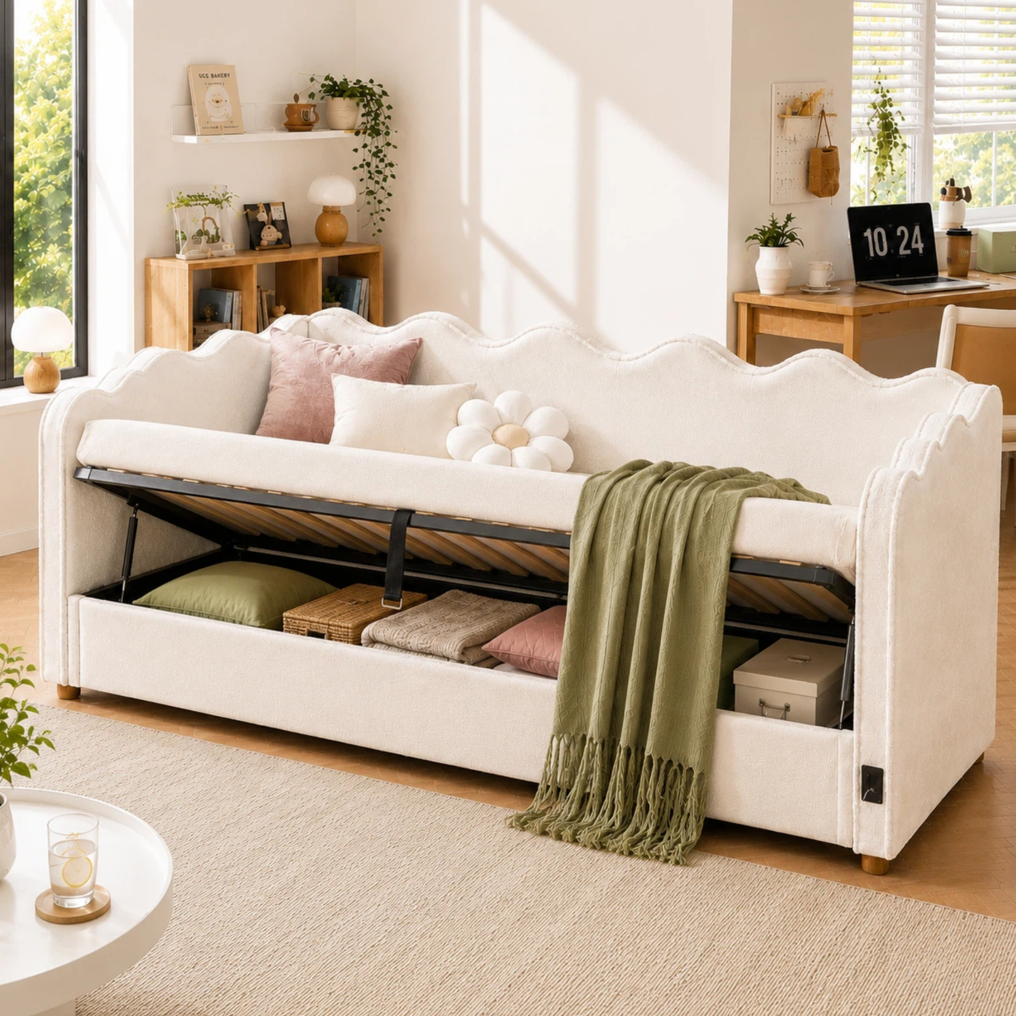 Daybed 90x200 Cm With Hydraulic Storage, Upholstered Bed, Daybed, Sofa Bed With USB & Backrest, Velvet, Beige