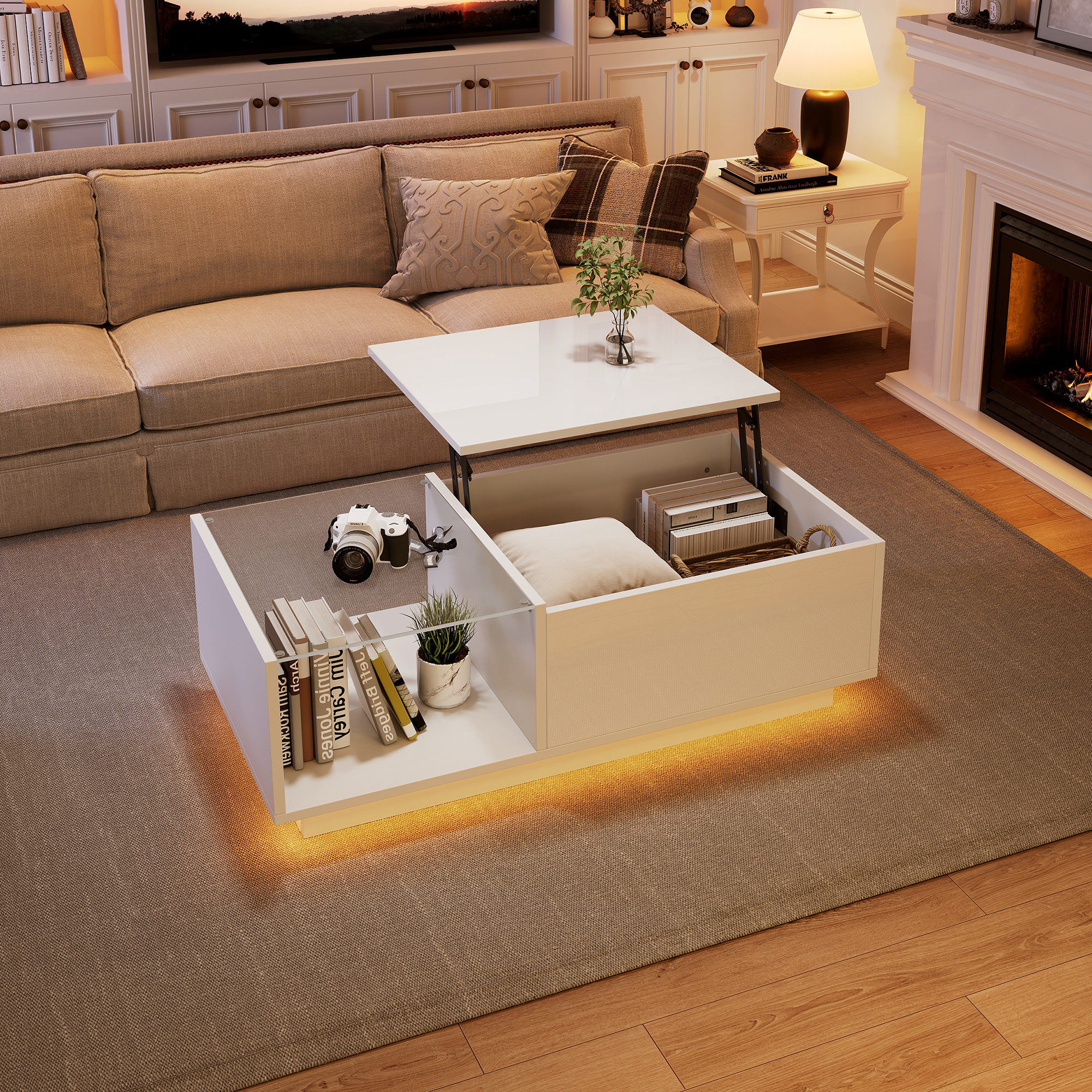 LED Coffee Table, High Gloss Coffee Table, Living Room Table With , Height Adjustable Coffee Table With Hidden Storage And Shelf, 50 X 100 X  33-46.5 Cm