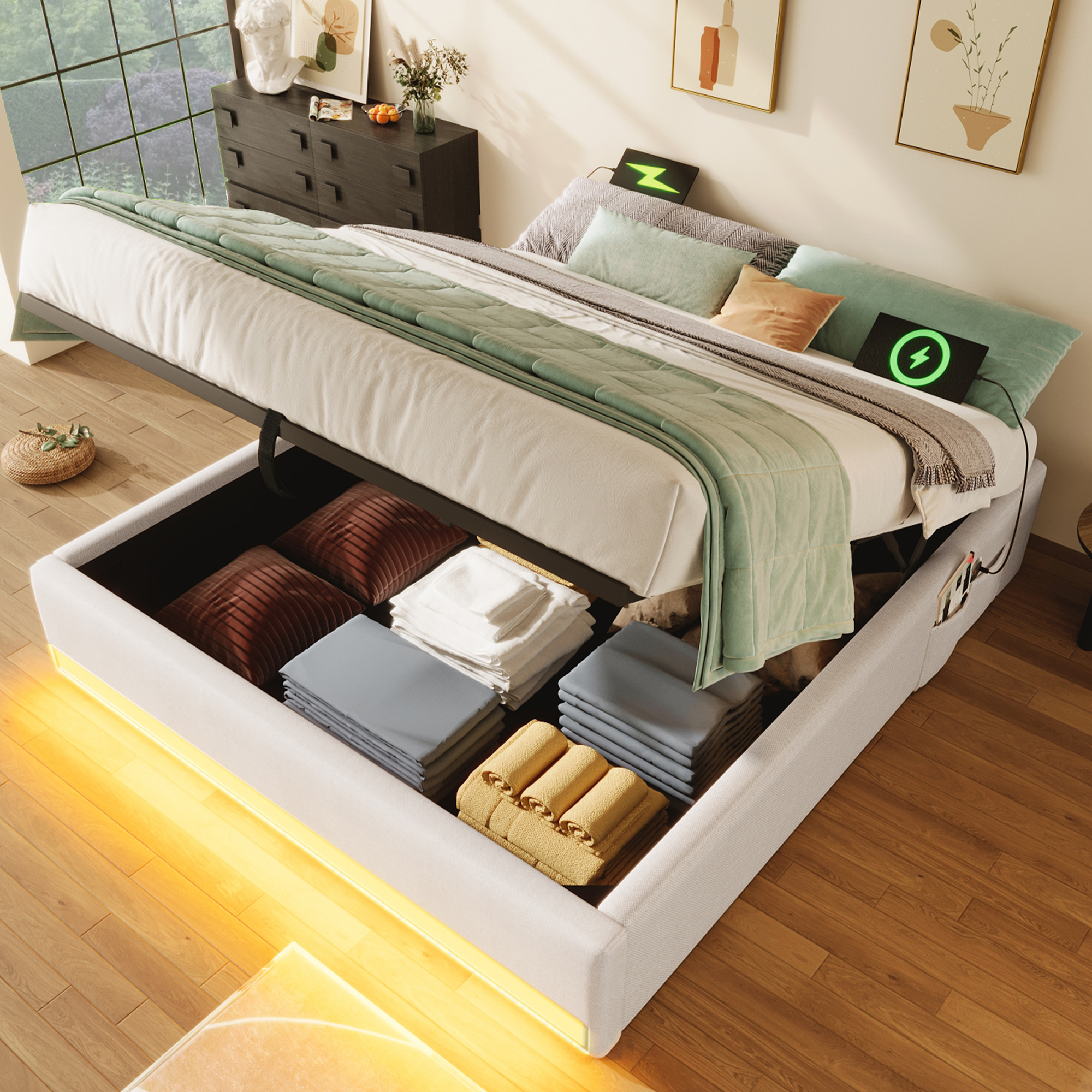 Upholstered Bed, 140x200cm, LED Strip, With USB And Type-C, With Small Storage Pockets, No Headboard Design, Hydraulic Storage Function, No Mattress, Beige
