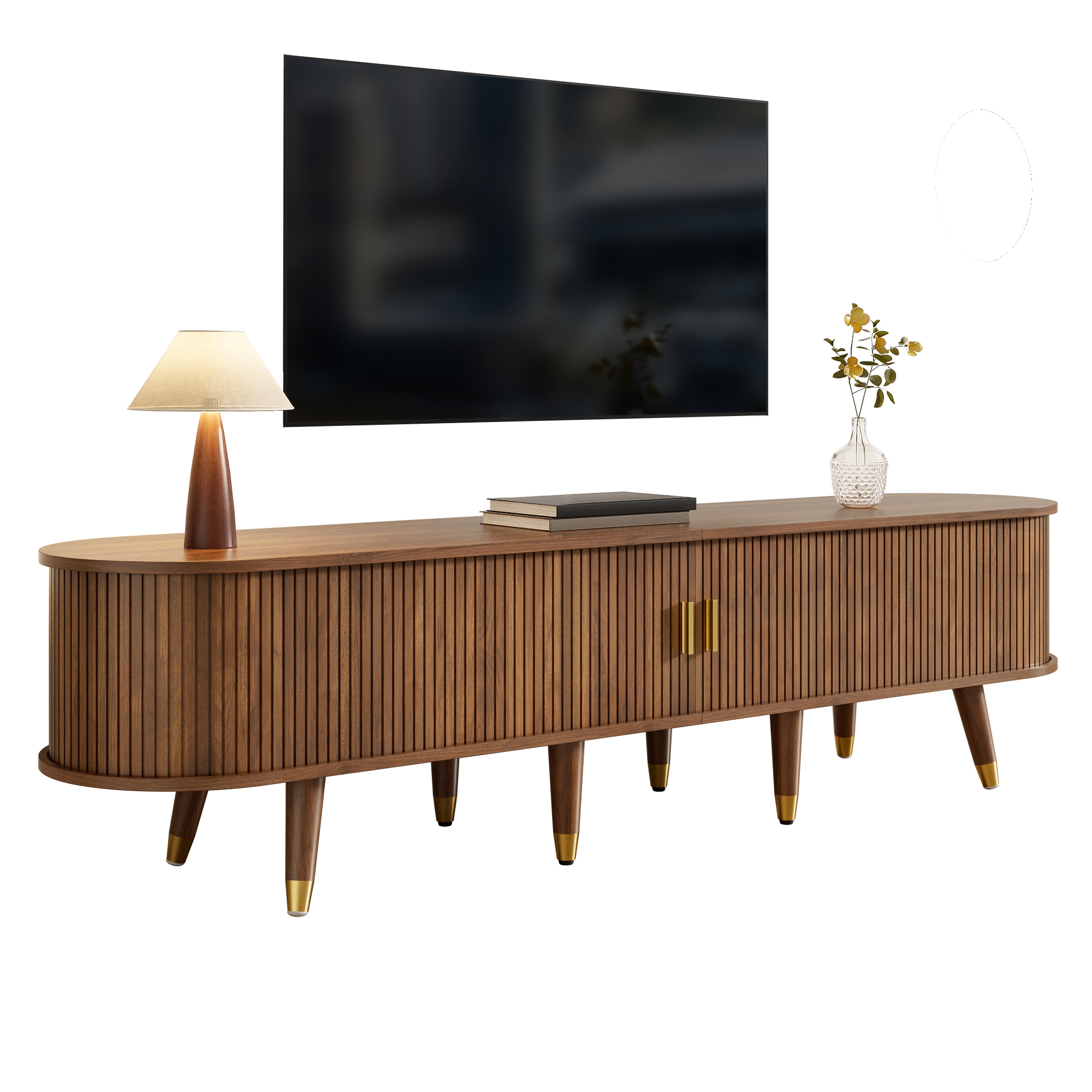 TV Cabinet 175 Cm With Rattan Sliding Door, Walnut Look & Plenty Of Storage Space  Country Style TV Table Made Of MDF With Open Compartments, Drawers & Cabinet  Natural Design