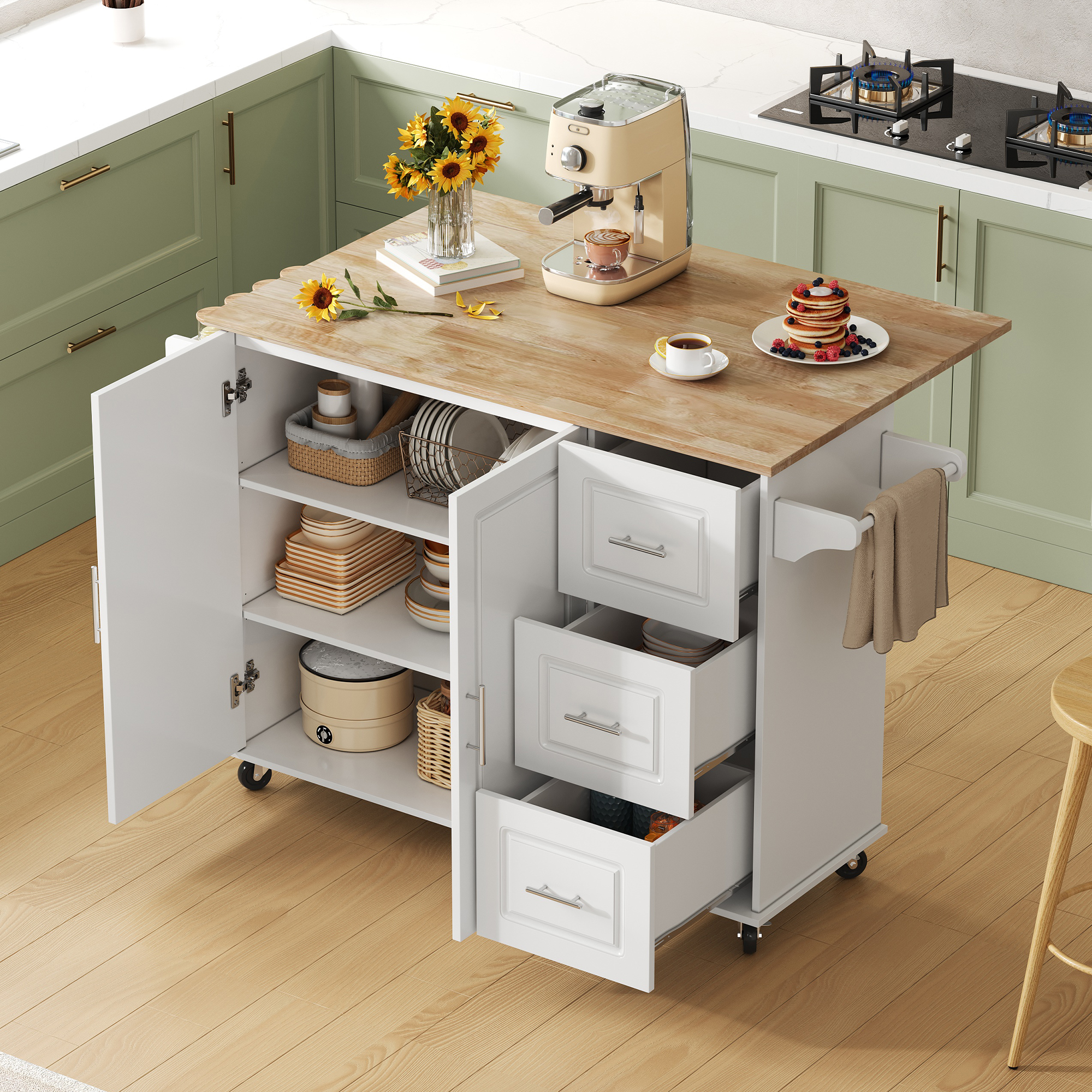 Îlot de Cuisine Mobile 137cm - Plan de Travail Chêne, Design Pliant