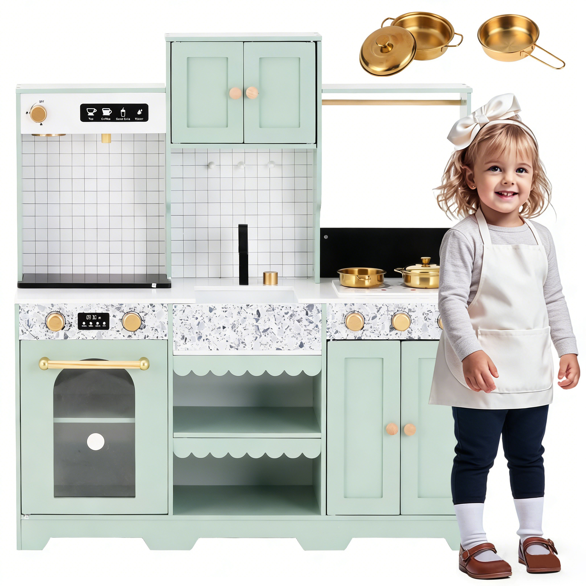 Children's Kitchen, Play Kitchen-Creative Design, Accessories And Surprise Effects, An Excellent Gift For Children From 3 Years, Wood  Plastic, Green,