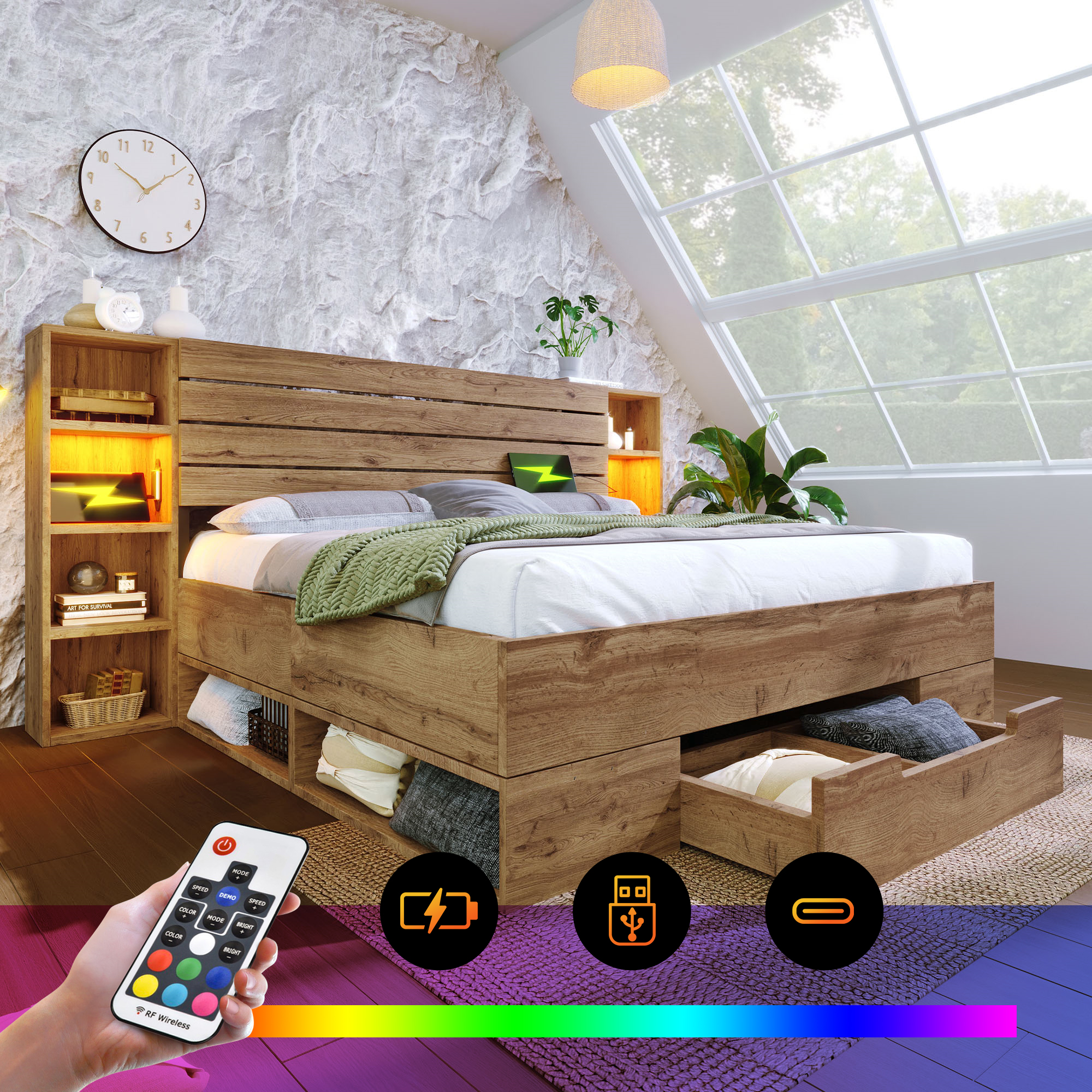 Double Bed Solid Wood Bed 180x200, Storage Bed Bed System With LED Lighting And USB C Storage Headboard And Drawers, Bed Frame Slatted Wood Frame, Oak  Without Mattress