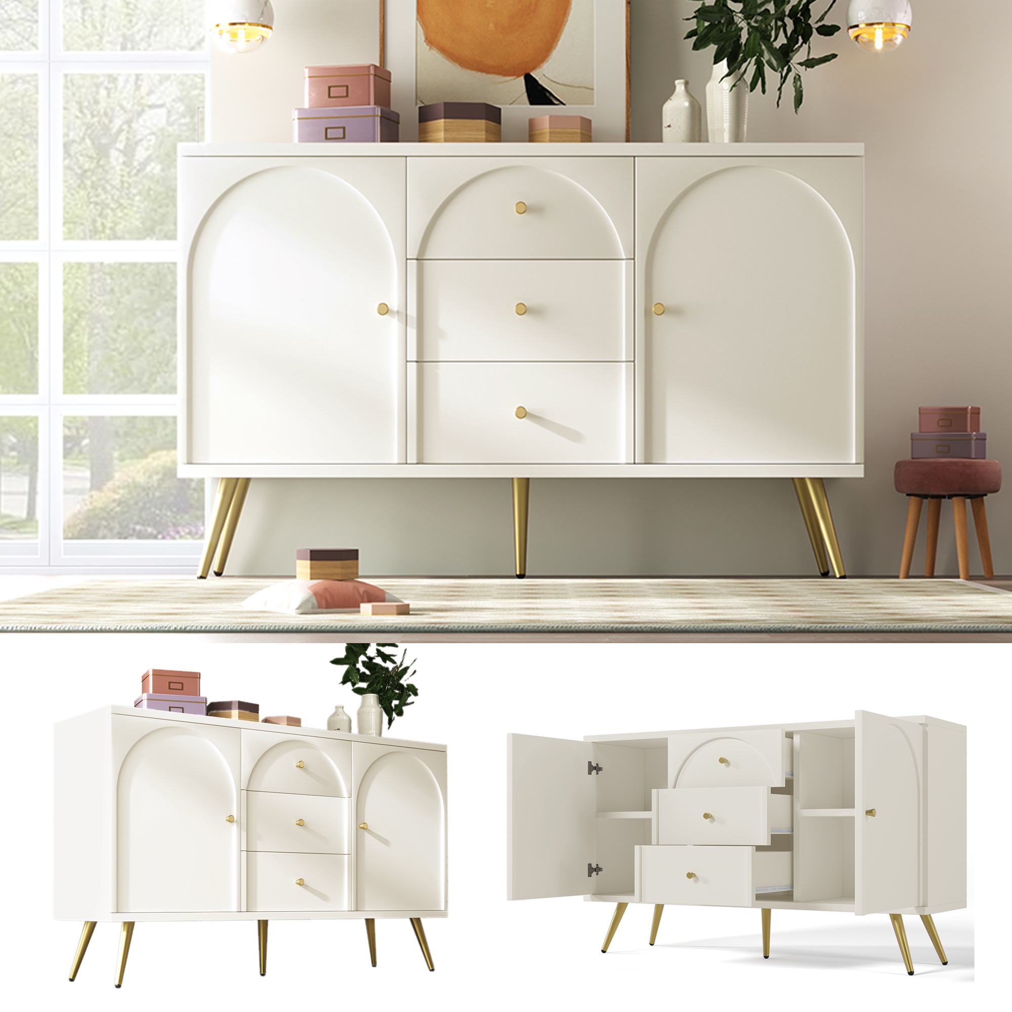 Kommode With 2 Doors And 3 Drawers, White Door Cabinet With Drawer, Adjustable Storage, For Living Room Bedroom, Creme-White-H84-B140-T40 Cm