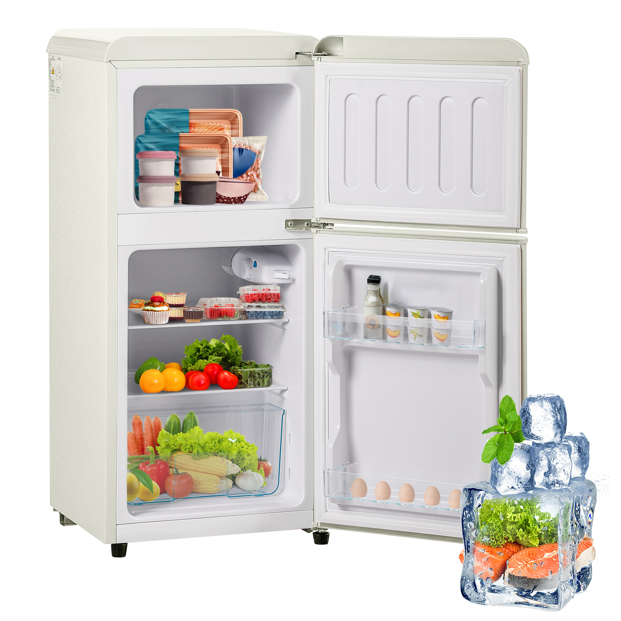 Retro-style Refrigeratorfreezer. 88.8 Cm High, Two-door, 60-liter Total Capacity, 22-liter Freezer Compartment. 102 KWh Year,, LED Lighting. Cream Whi