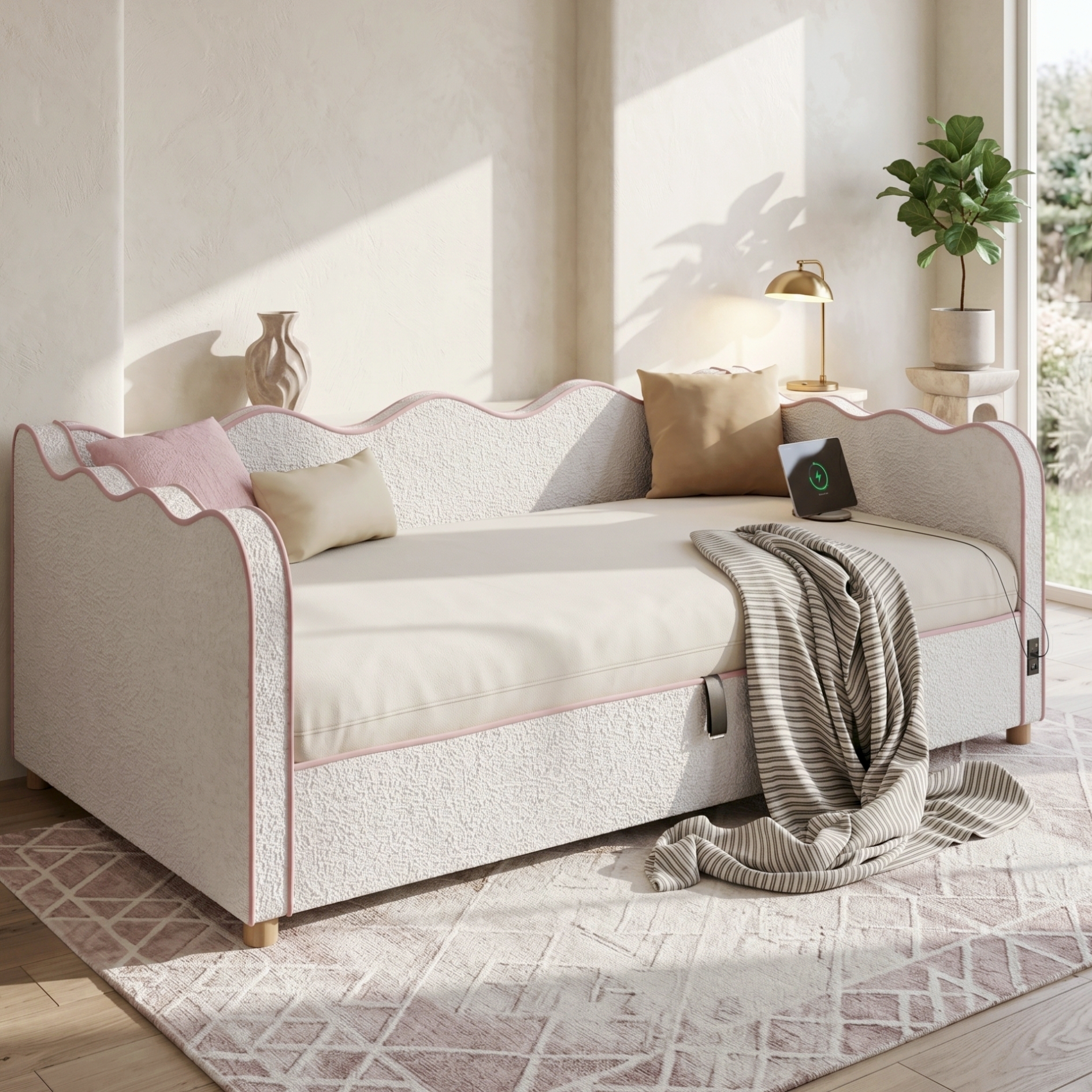 Daybed 90x200 Cm With Hydraulic Storage, Upholstered Bed, Daybed, Sofa Bed With USB & Backrest, Boucle, Beige 3