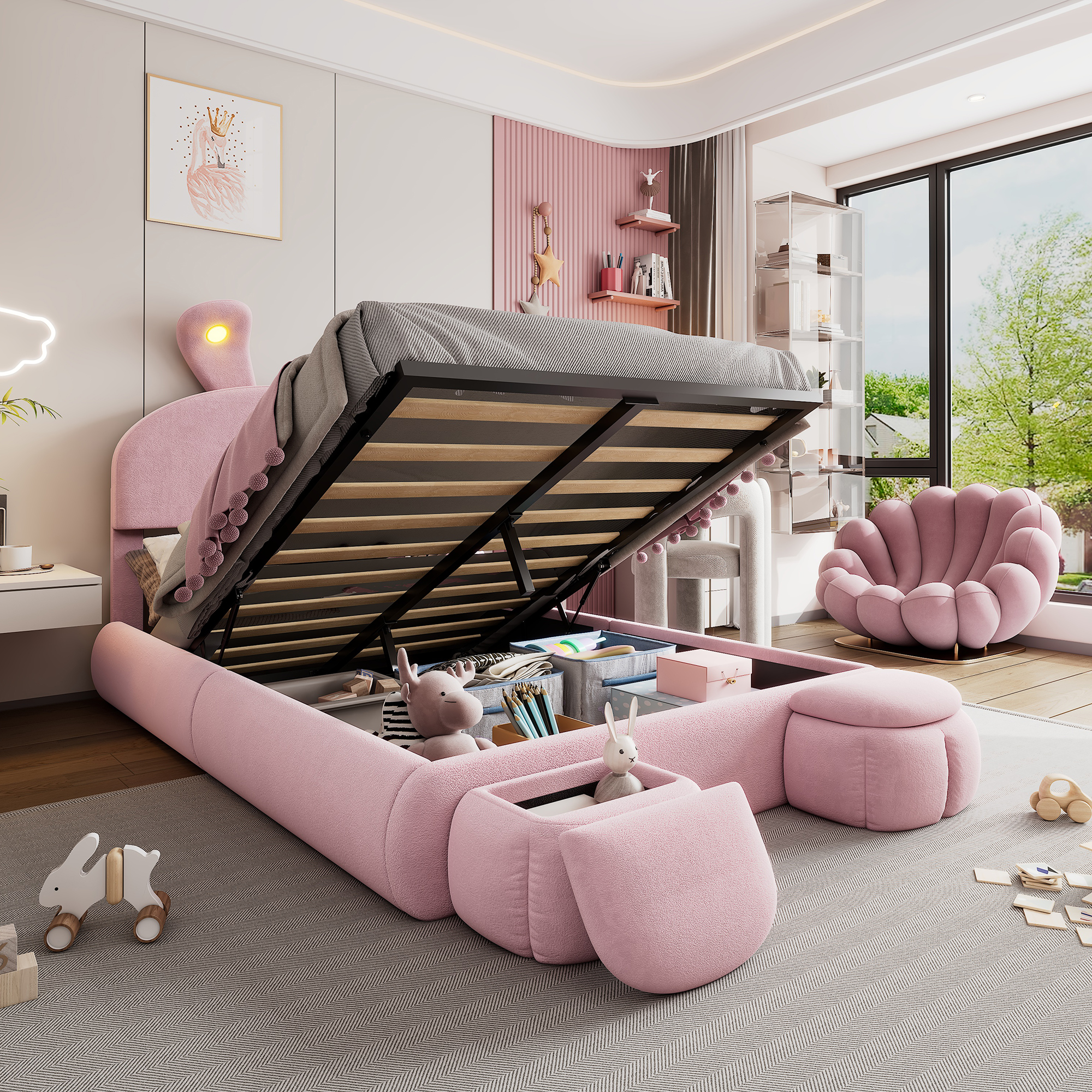53068283PAA Upholstered Bed, Double Bed, Hydraulic Bed, Bunny Ears With Adjustable Brightness, Warm-coloured Light Strips, Storage Space Under The Bed, Two Storage Stools, Velvet, Pink, 140x200cm