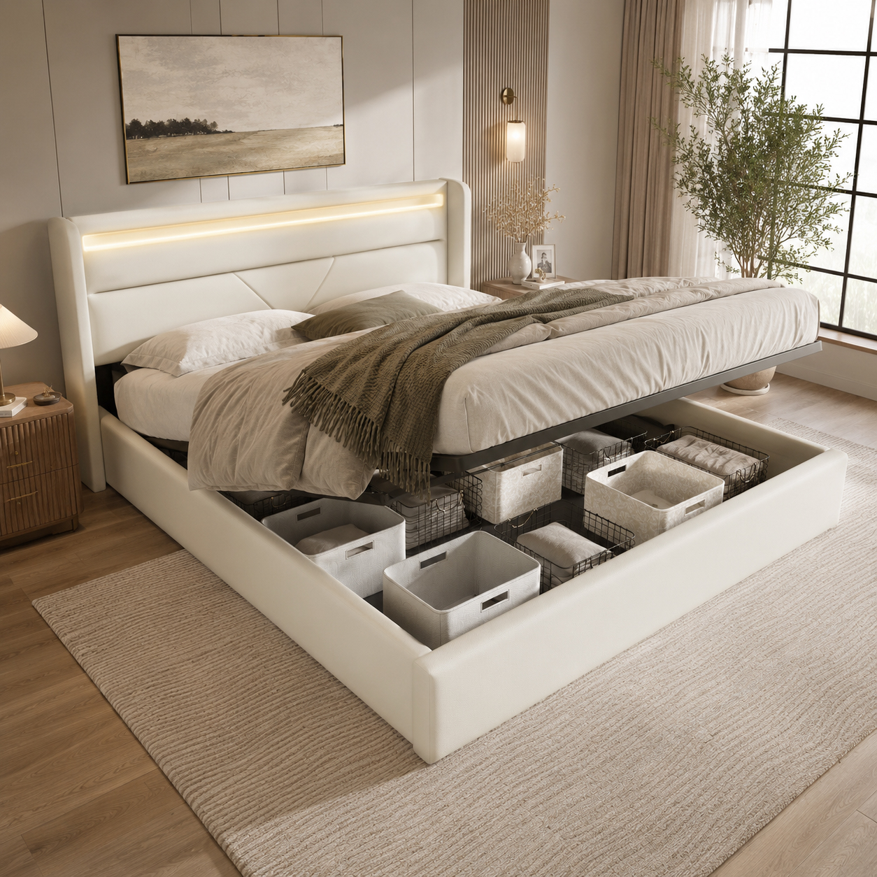 Hydraulic Storage Bed With LED Lighting Strip, Double Bed Bed Frame Upholstered Bed 160x200cm, Functional Bed, White  With Remote Control