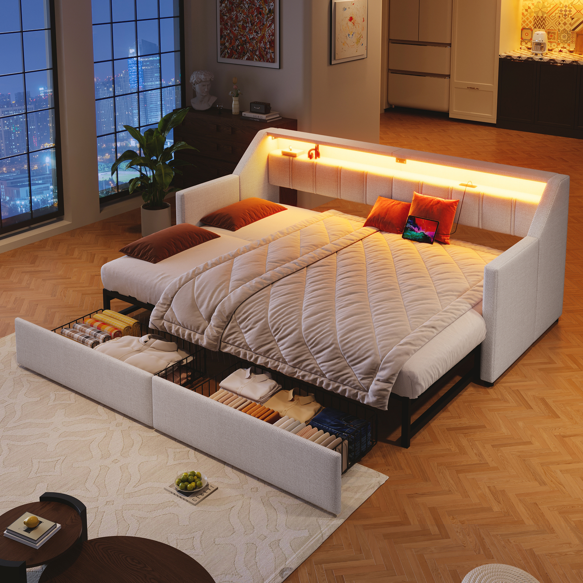 Daybed, Daybed, Sofa Bed,90 X 200cm, With USB And Type-C, LED Strip, With 2 Drawers, Storage Pockets, Multifunctional Pull-out Bed, Without Mattress, Beige