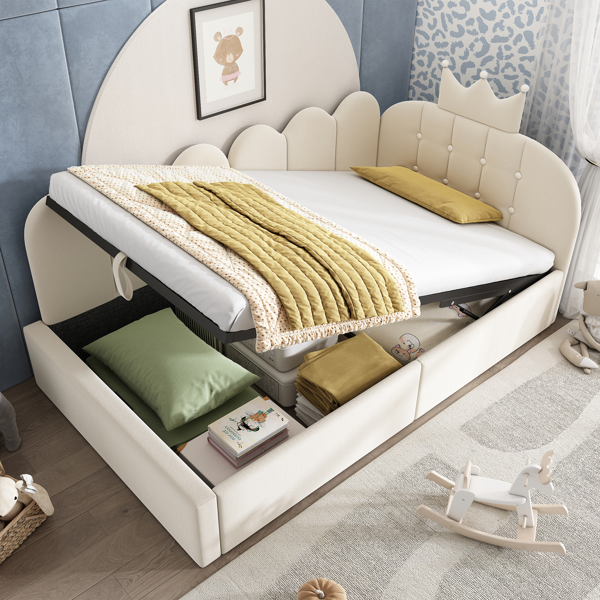 Upholstered Bed Day Bed 90x190 Cm,Daybed Sofa Bed With Storage Space  Hydraulic ,Guest Bed L-shape Velvet In Beige With Crown Lattice Design, Without Mattress