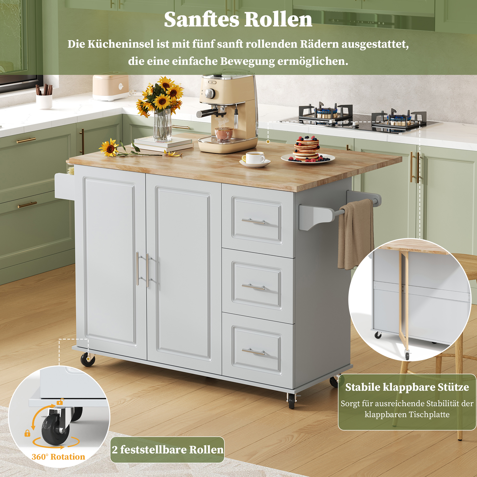 Îlot de Cuisine Mobile 137×92 cm, Plan de Travail Chêne Pliant