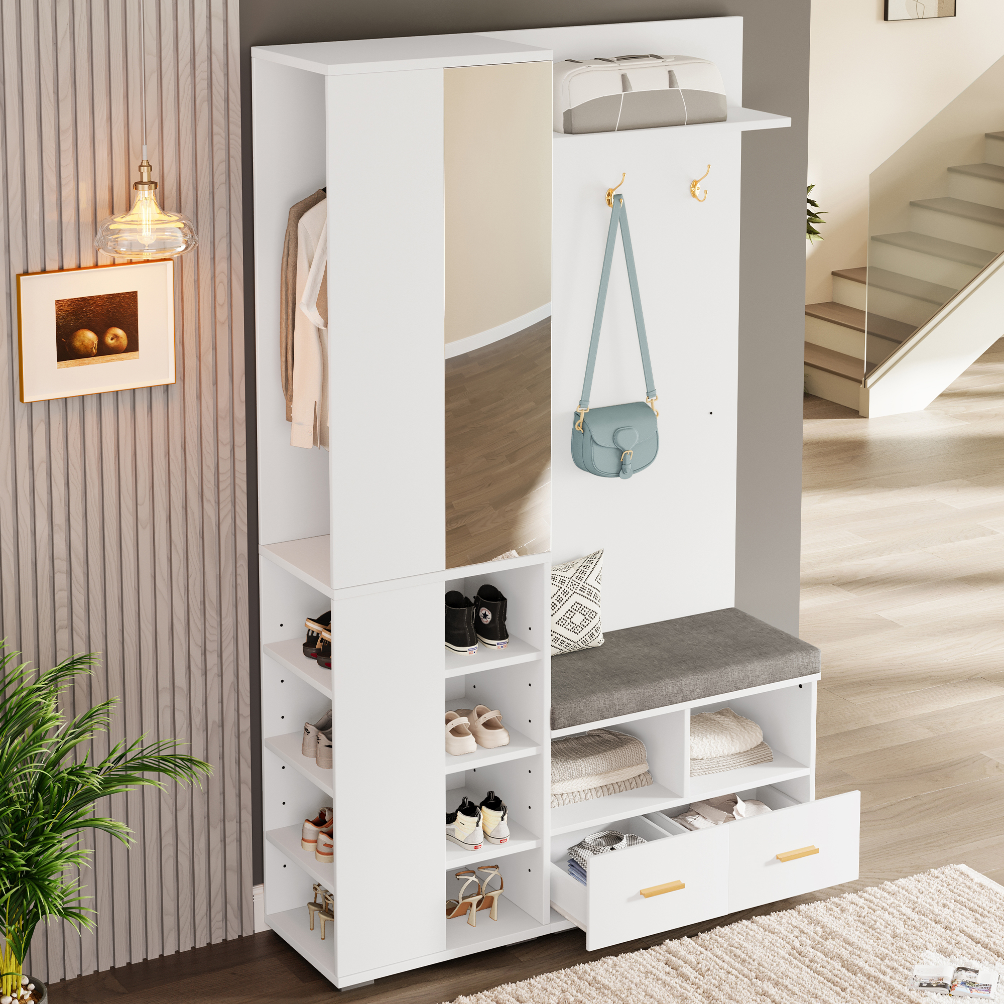 Wardrobe Set Wall Coat Rack, Hallway Cabinet With Mirror, Clothes Rail, Shoe Bench With Openwork Shelf, 3 Hooks, 2 Drawers And Storage Compartment, Wh