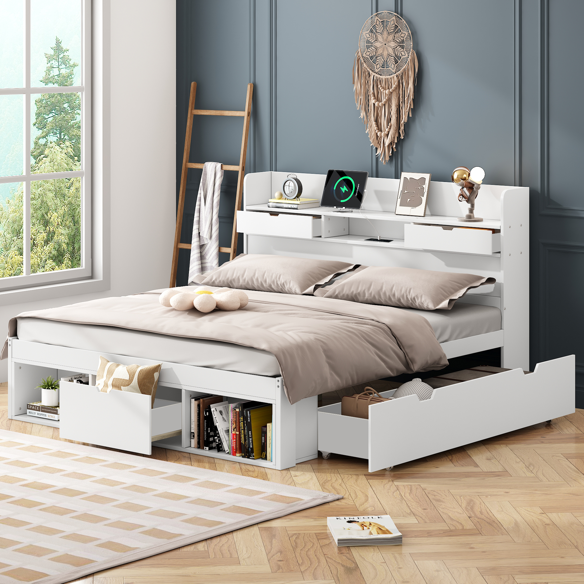 Double Bed, 140X190cm, With USB Port & Drawers & Storage Cupboard, Cot, Youth Bed, Multifunctional Bed, Large Storage Space, Without Mattress, White