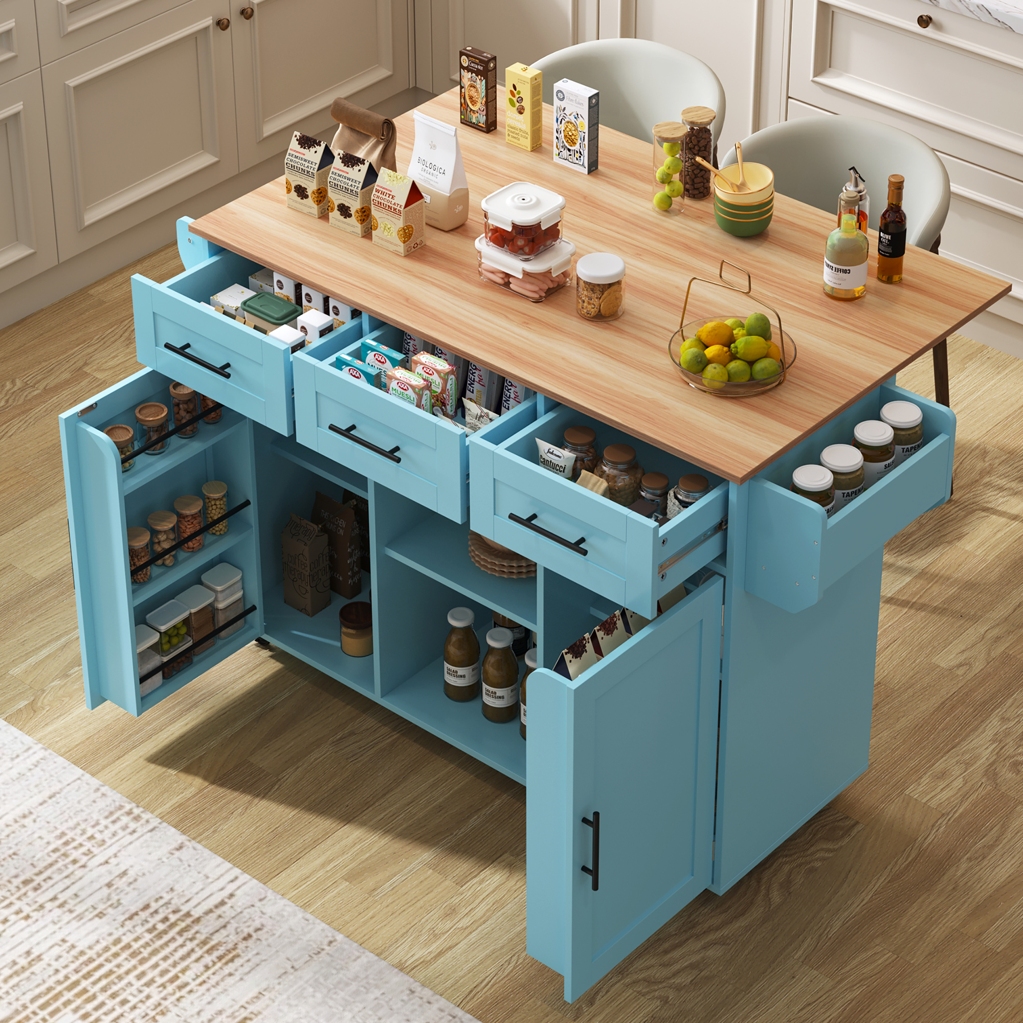 139x46 X91.5 Cm Large Dining Trolley Sideboard, Blue Body   Solid Wood Grain Worktop, Foldable Worktop, Storage Door, Castors, Interchangeable Solid Wood Feet, Suitable For Dining Room, Kitchen