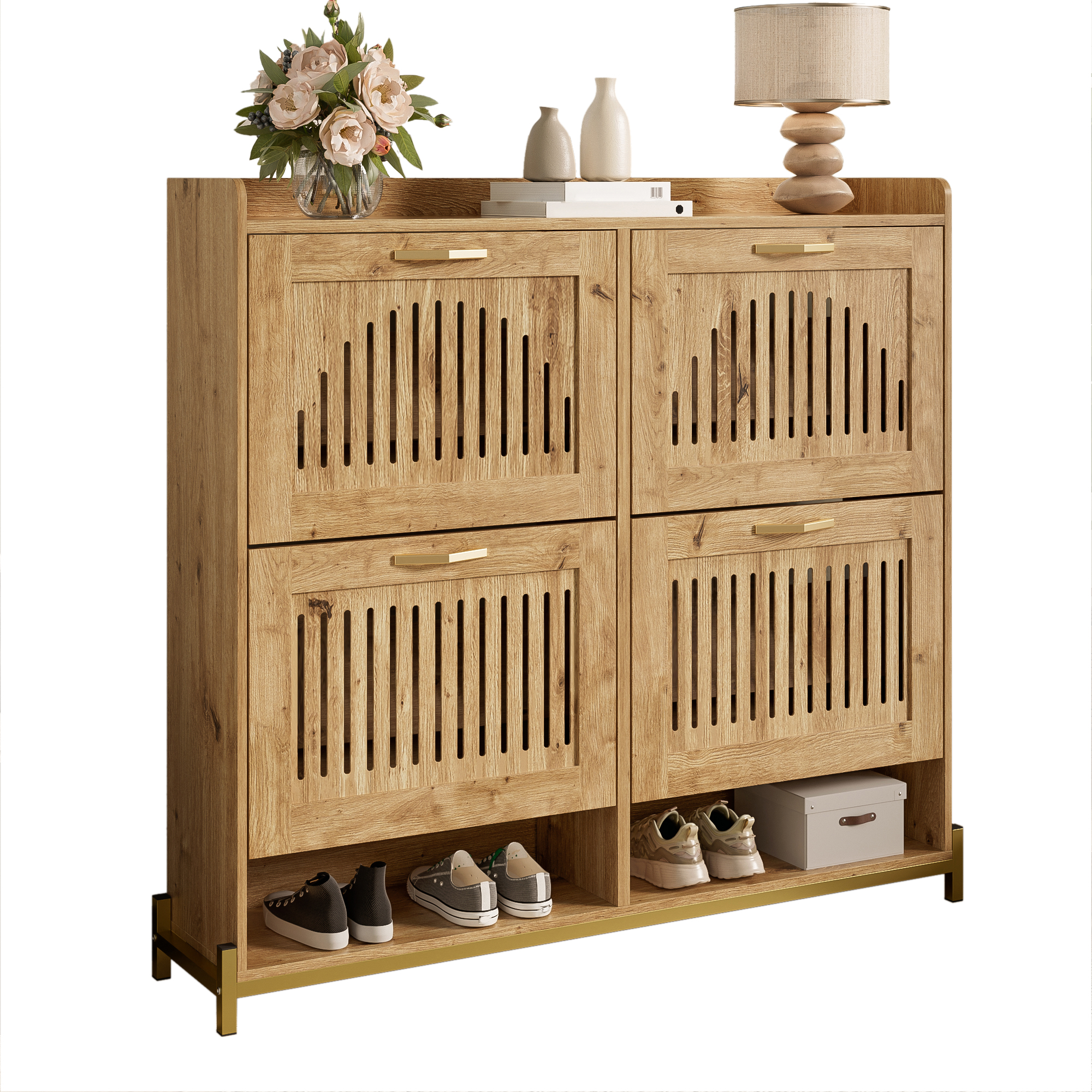 Modern Shoe Cabinet With Vertical, Openwork Louvered Doors - Hallway Cabinet With 4 Doors, Metal Frame And Shelf - Space-saving Shoe Organizer For Ent