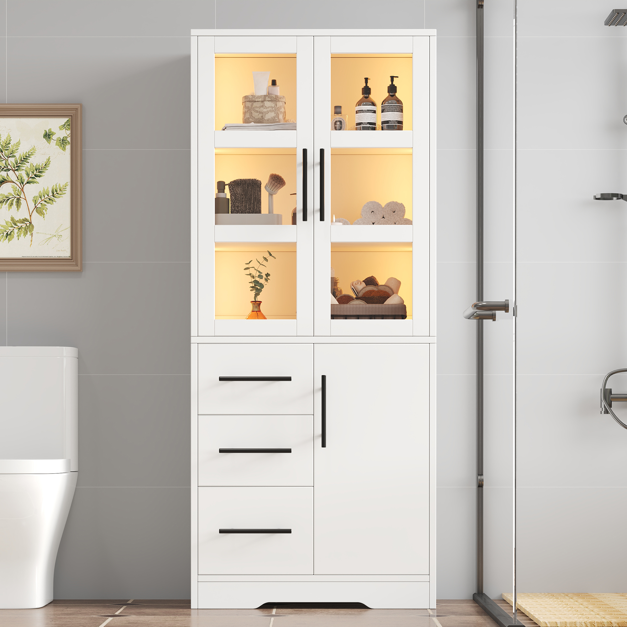 72x35x170 Cm Bathroom Cabinet, LED Storage Cabinet, Double Glass Doors, 3 Drawers & 2 Cabinets, App Controlled LED Light, Adjustable Shelves, Black Ha