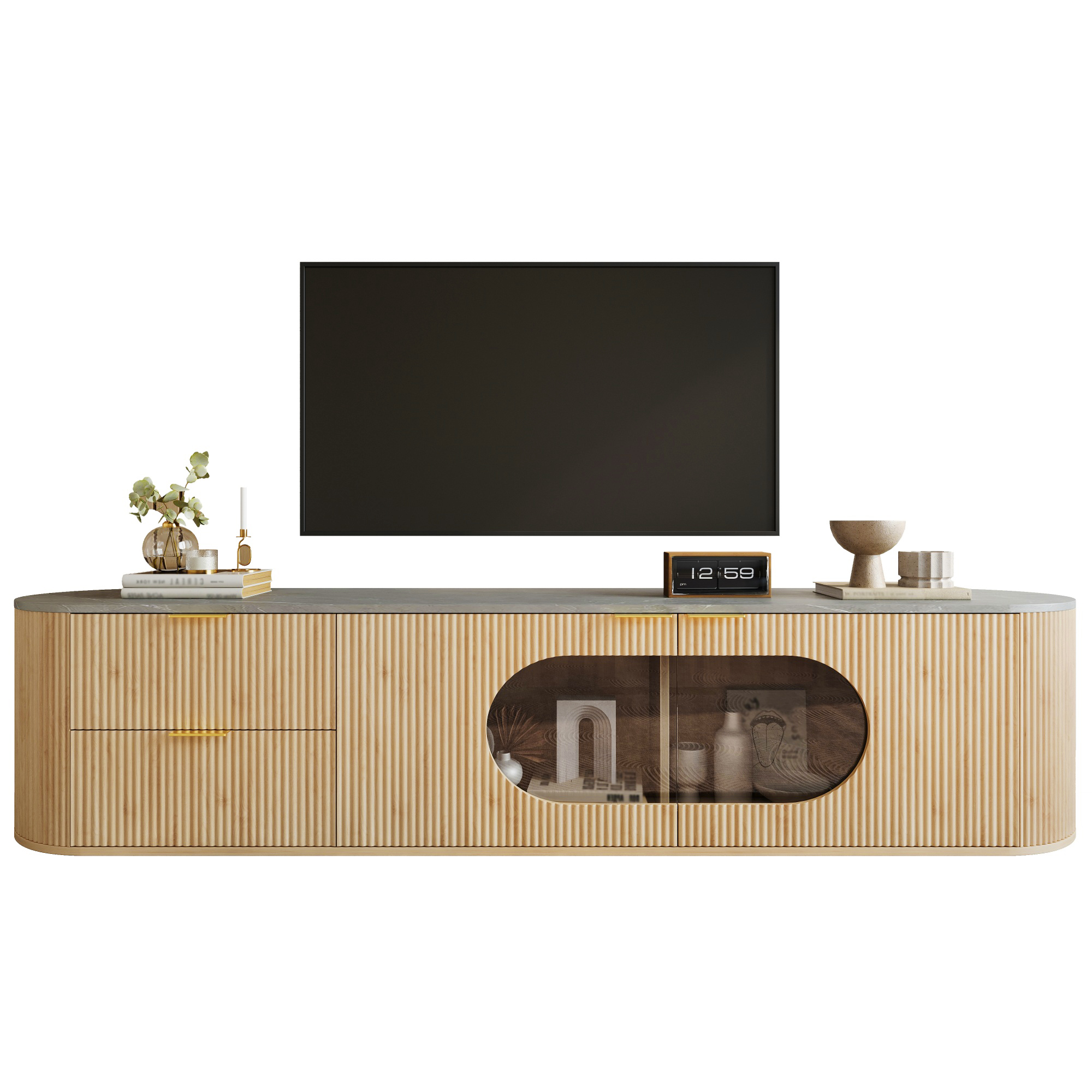 Modern Minimalist Wood Look TV Cabinet , Cabinet Doors With Vertical 3D Strips , Oval Display Cabinet Made Of Gray Glass , Multi-zone Storage , Living Room Cabinet