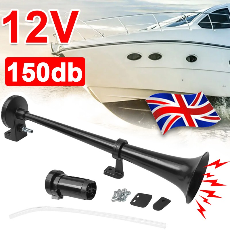 150db 12V Black Super Loud Single Trumpet Air Horn Kit Truck Lorry Boat Train — image 9
