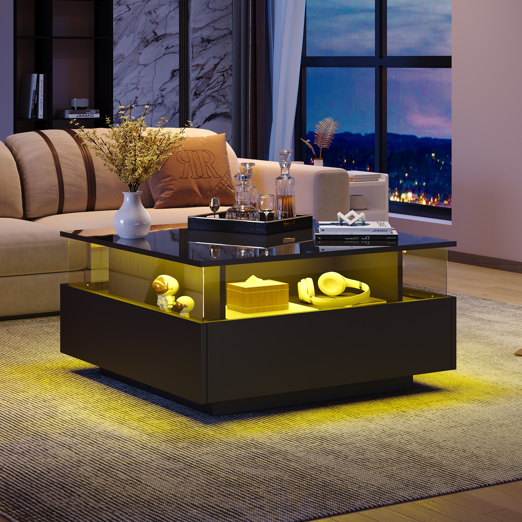 Modern High-gloss LED Coffee Table, With 2 Drawers And Transparent Display Area Load Capacity Up To 30 Kg, Ideal For Stylish Living Rooms