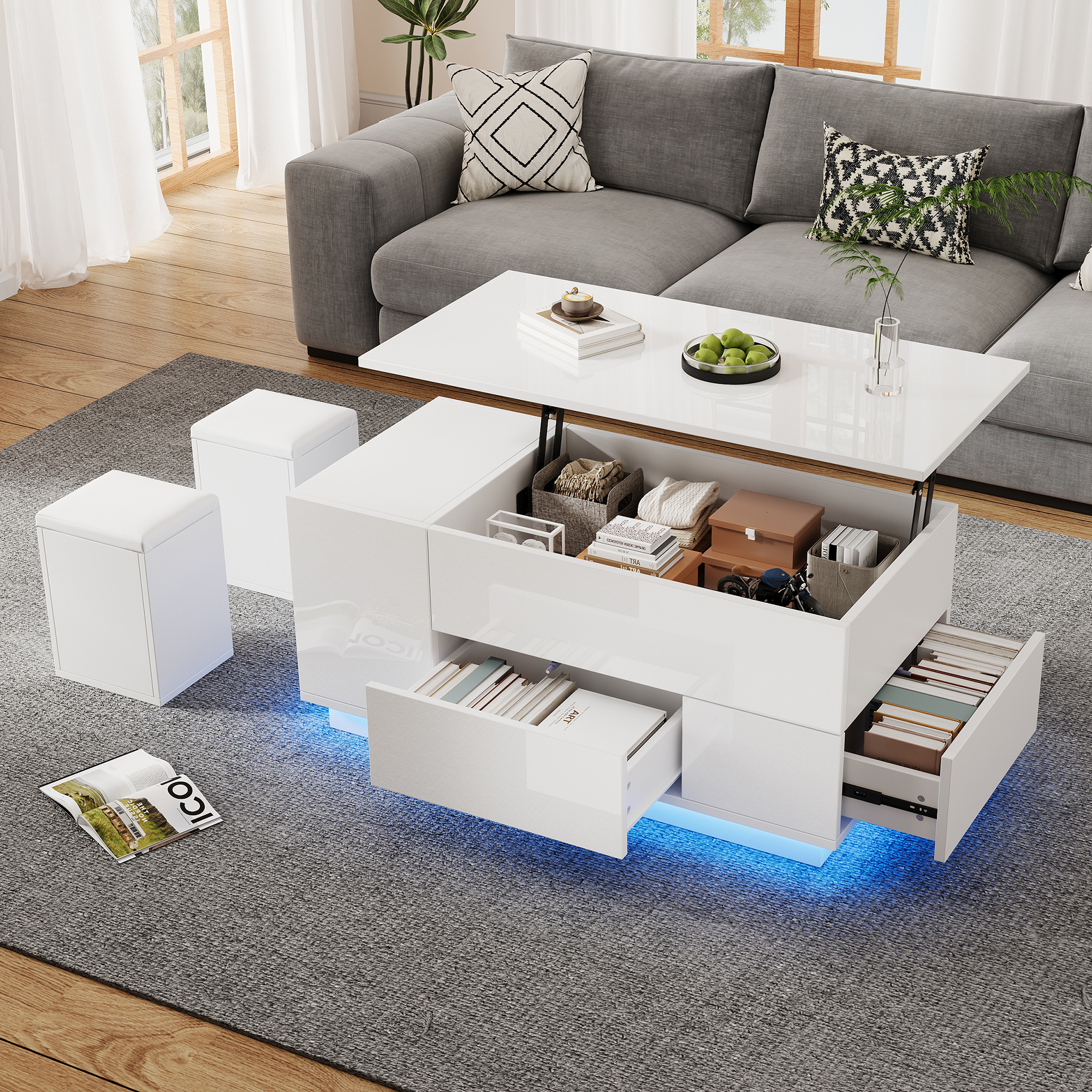 100x50x45cm Coffee Table 4-in-1 Height Adjustable Sofa Table With LED, Coffee Table With 2 Drawers, High Gloss Table With Sofa And 2 Stools, Side Table With Hidden Storage, Load Capacity Up To 50kg, W