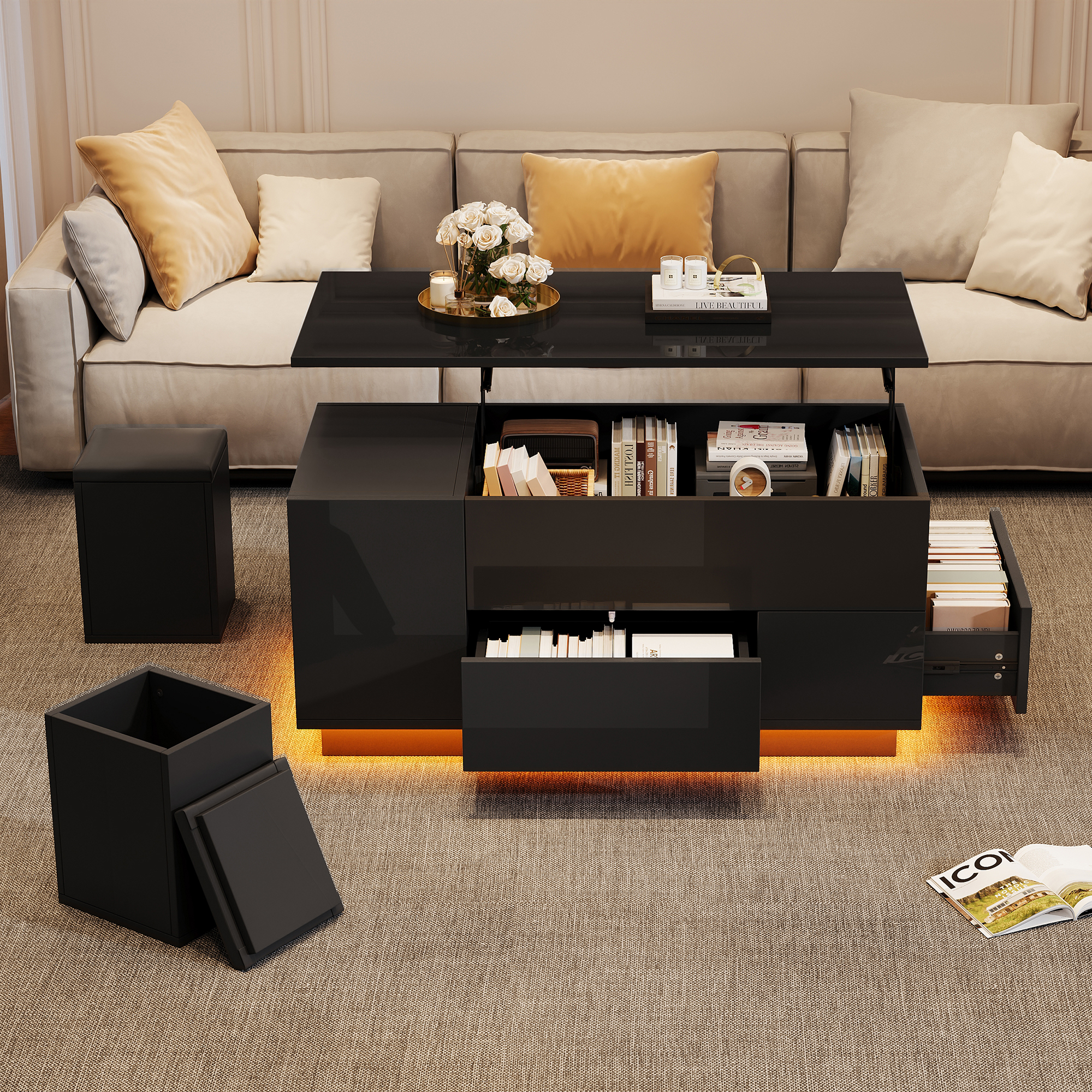 100x50x45cm Coffee Table 4-in-1 Height Adjustable Sofa Table With LED, Coffee Table With 2 Drawers, High Gloss Table With Sofa And 2 Stools, Side Table With Hidden Storage, Load Capacity Up To 50kg, B