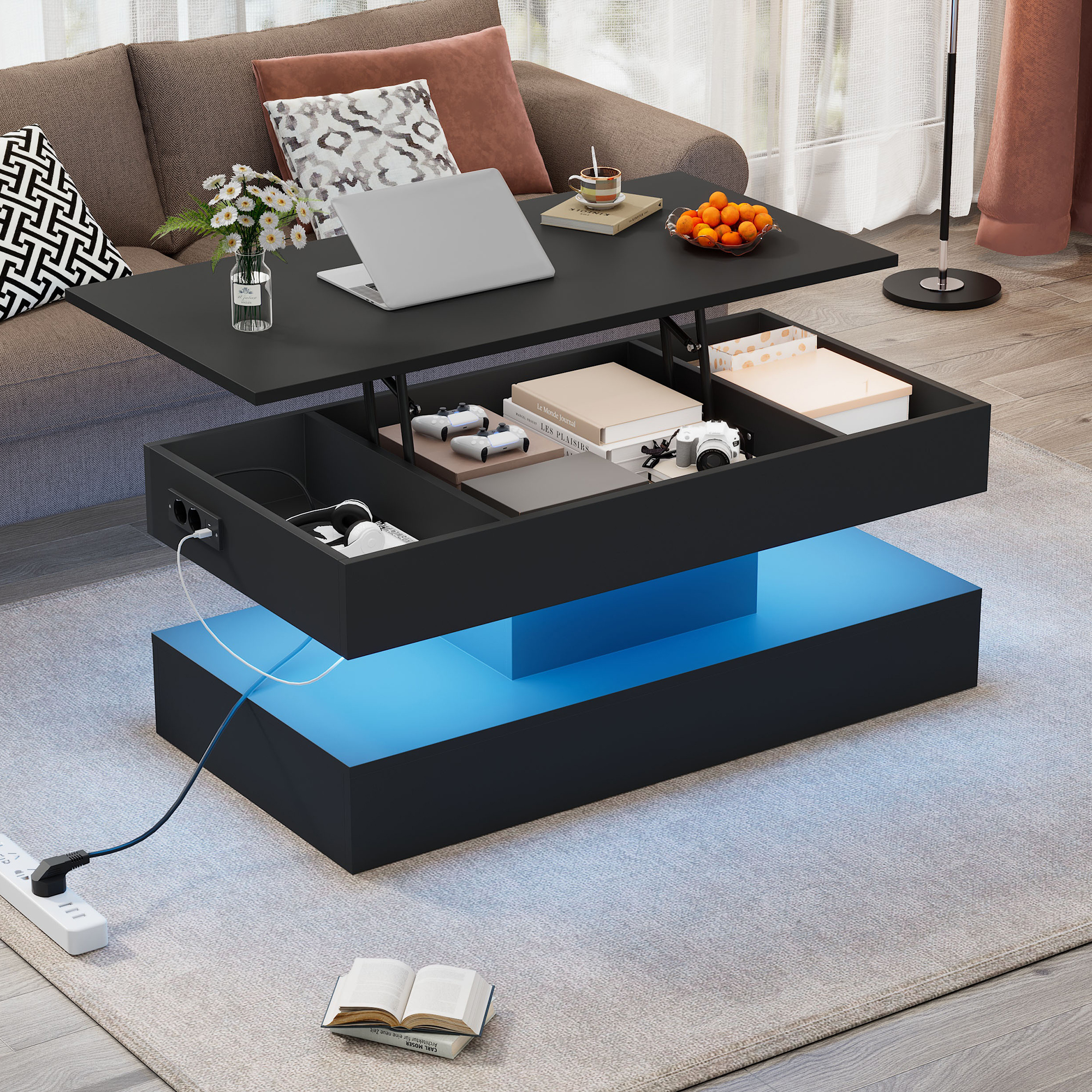 Moderner Couchtisch Mit LED-Beleuchtung Und Verstecktem Stauraum