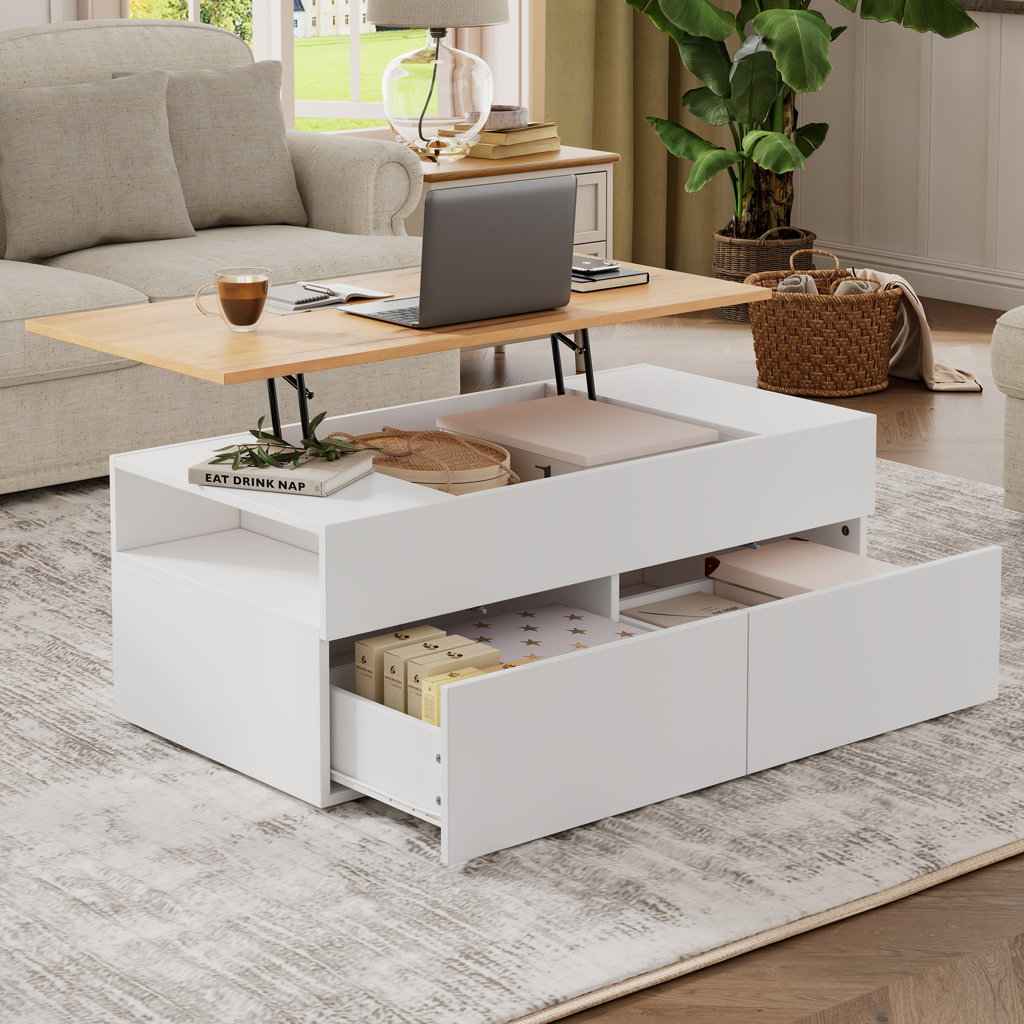 Coffee Table, Height-adjustable Coffee Table With Hidden Storage, Living Room Table With 2 Drawers, Sofa Table With Semi-open Storage, Side Table In White And Wood Color