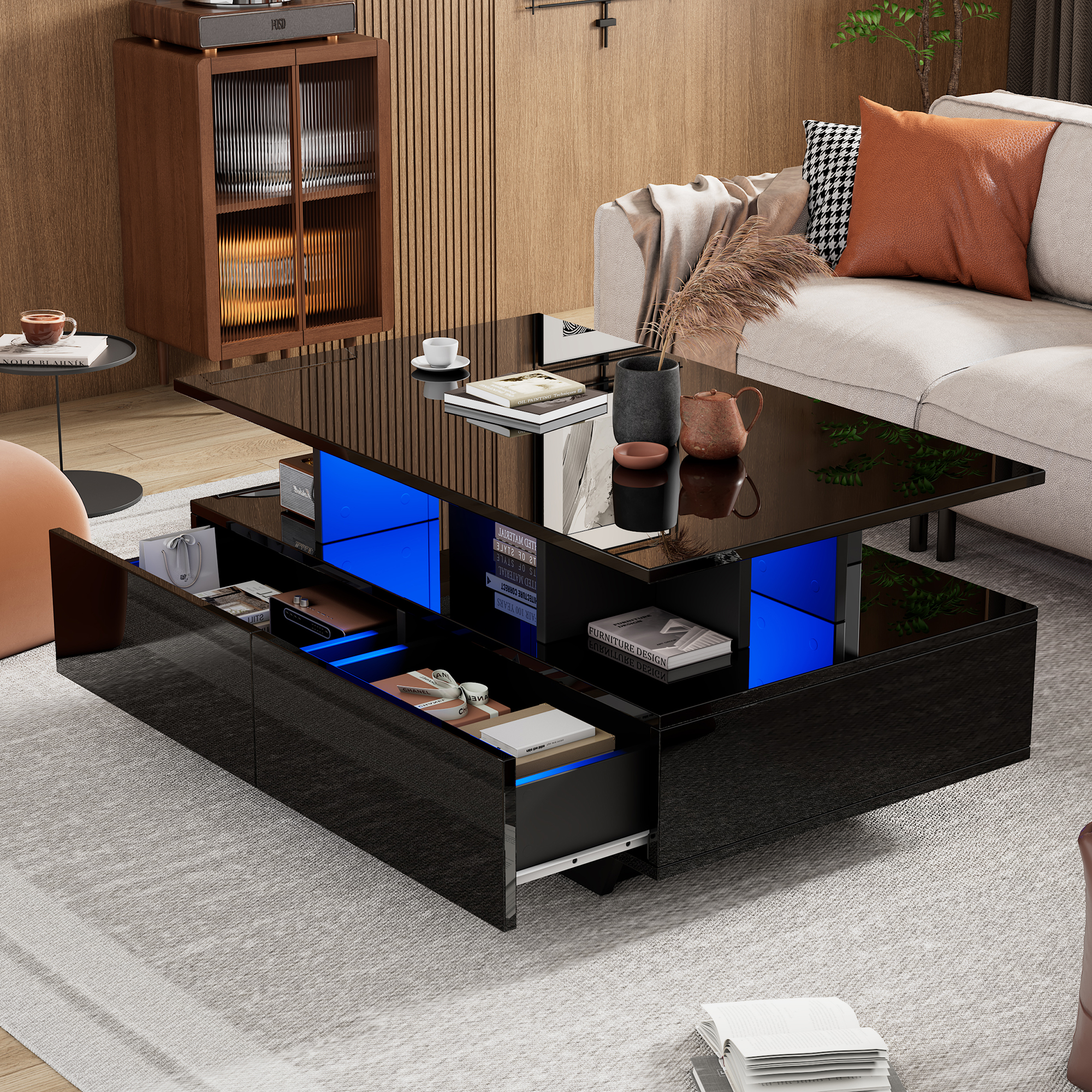 Modern High-gloss Coffee Table With LED Lighting And 2 Drawers  Stylish 90x55x41 Cm Side Table With Storage, Loadable Up To 30 Kg