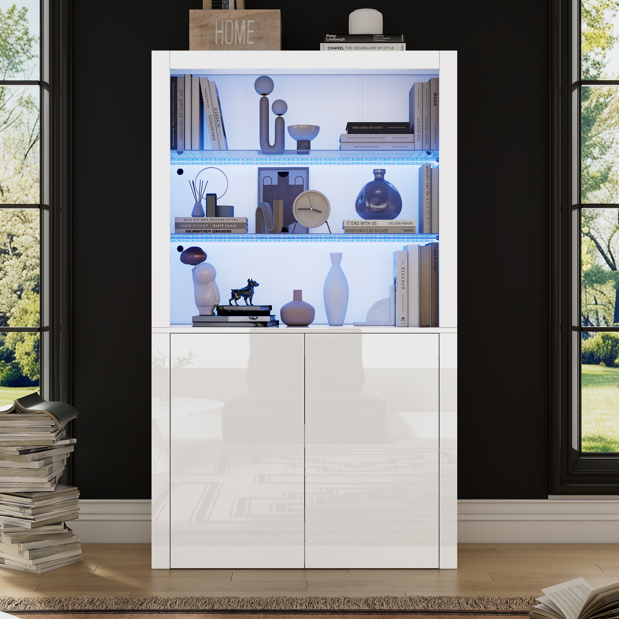 1 00 X 35 X 170 Cm Sofa Sideboard, High Gloss Storage Cabinet, Display Cabinets With LED Lights, Tempered Glass Display Layer, Vertical Tall Cabinet For Living Room