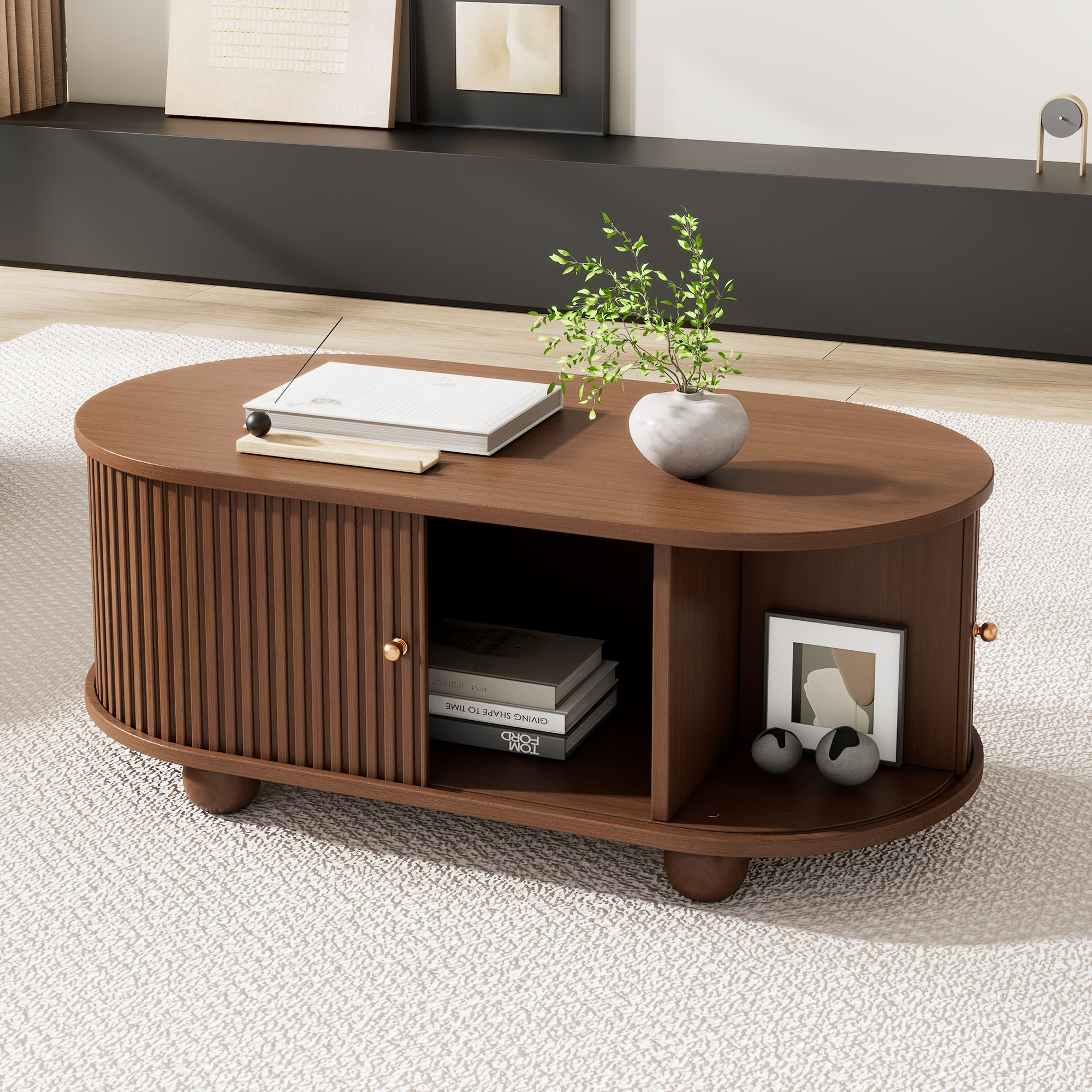 100 X 50 X 40 Cm Walnut Tree Coffee Table With Storage Space And Sliding Doors Space Saving Multifunctional Furniture In Wood Colors,Sofa Table With 3
