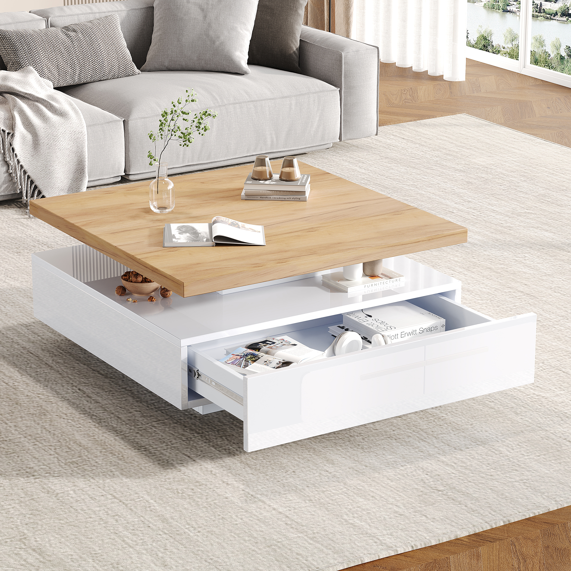 Multifunctional Square 360 Degree  Swivel Coffee Drawer, White High Gloss 2-Tier Center Swivel Table And Storage Cabinet, Walnut Chipboard Frame Living Room Side Table, White