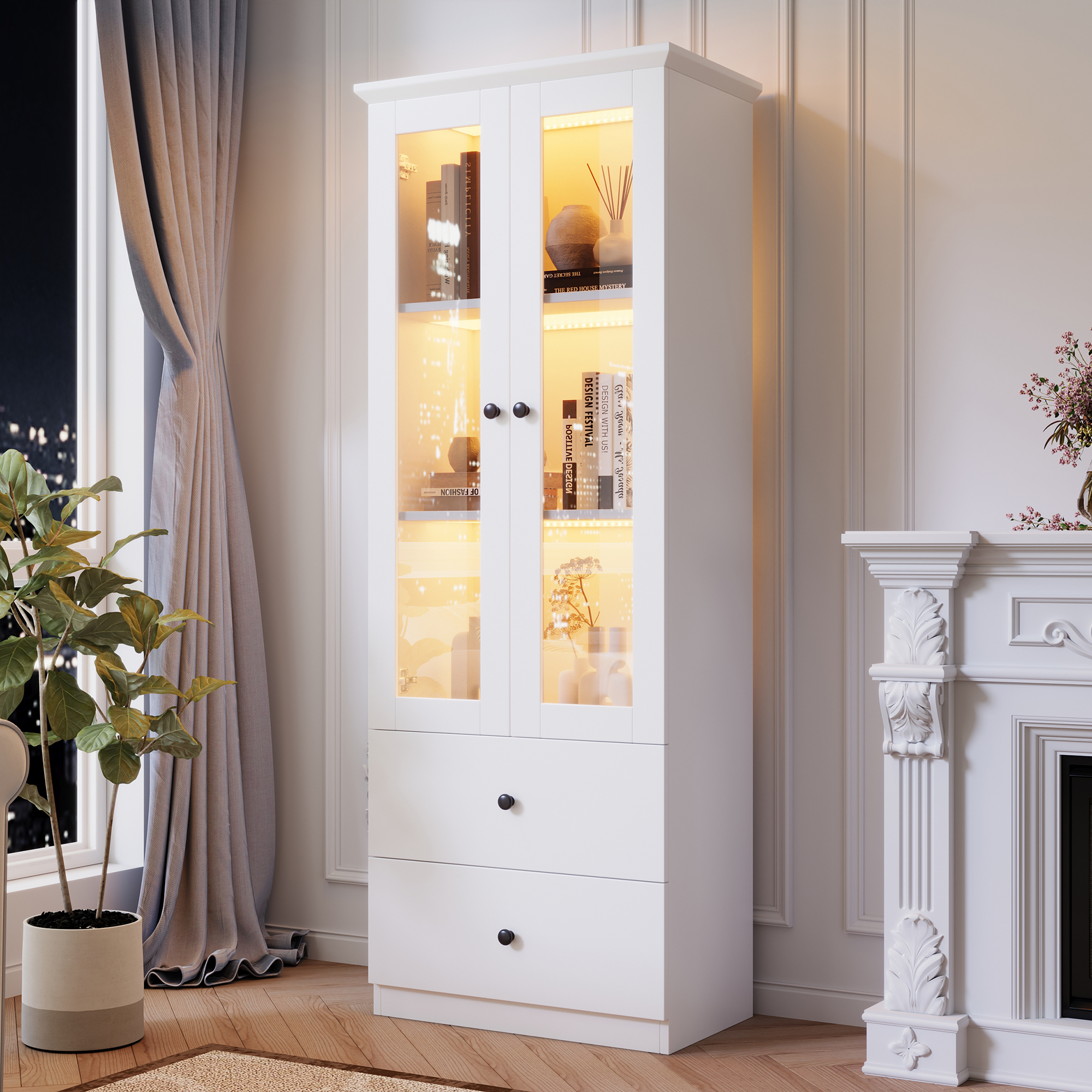 Modern LED Display Case White Matt 165 Cm High With USB Port, 16-colour Remote Control, Glass Display Case With 2 Drawers, Vertical Display Case With 